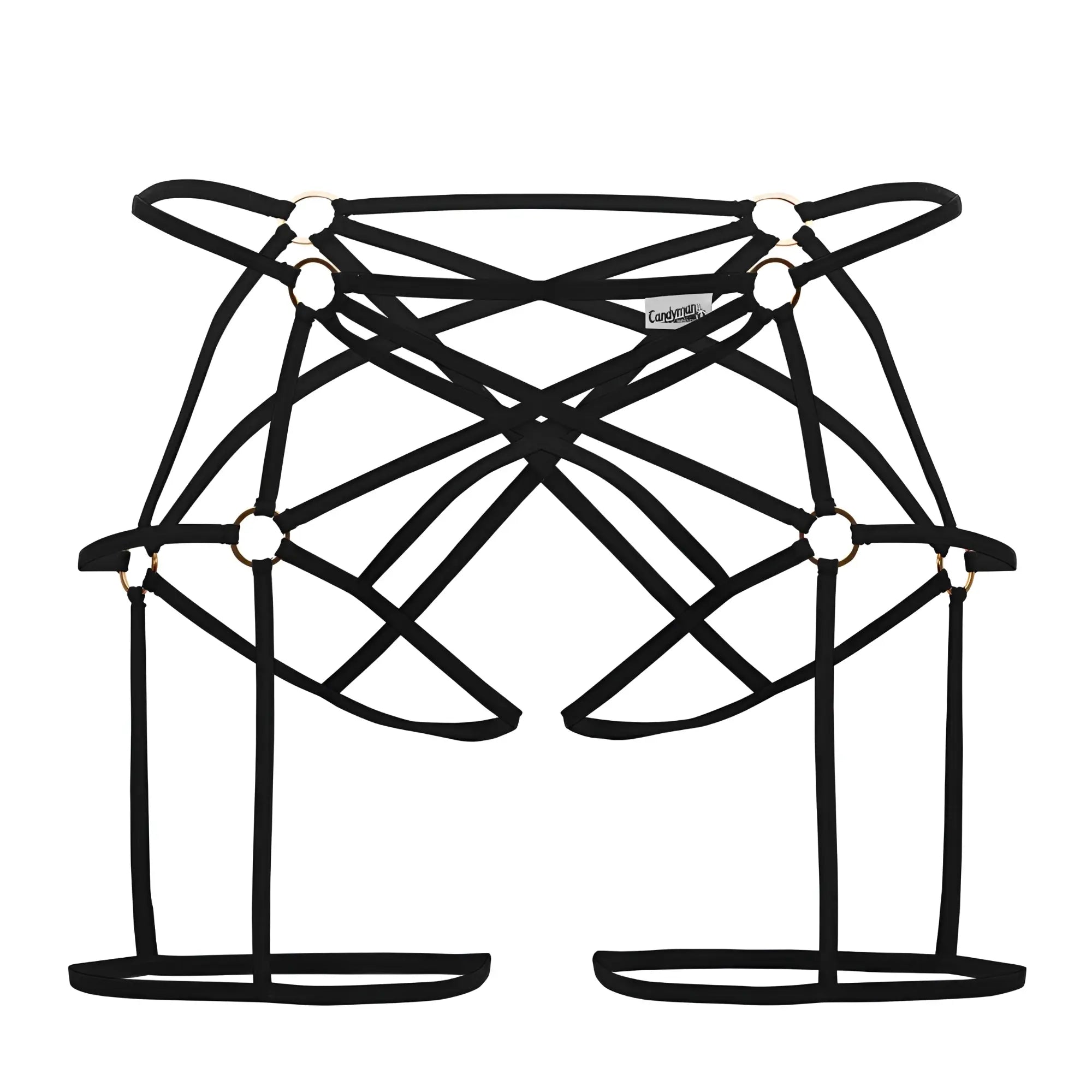 Black lace-up strappy harness with gold-toned rings and minimalist design from candyman 99646 cage jockstrap collection