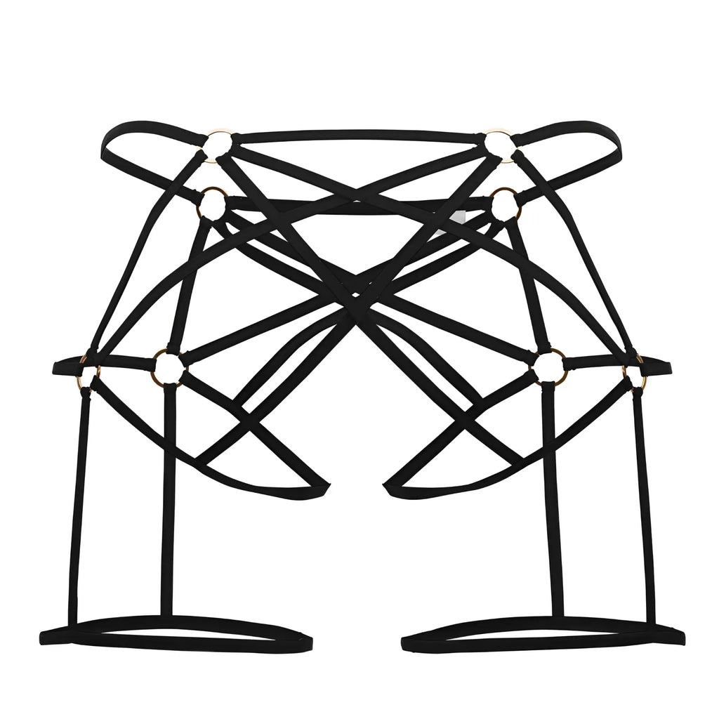 Black candyMan 99646 cage jockstrap with strappy harness and gold toned metal rings in crisscross design