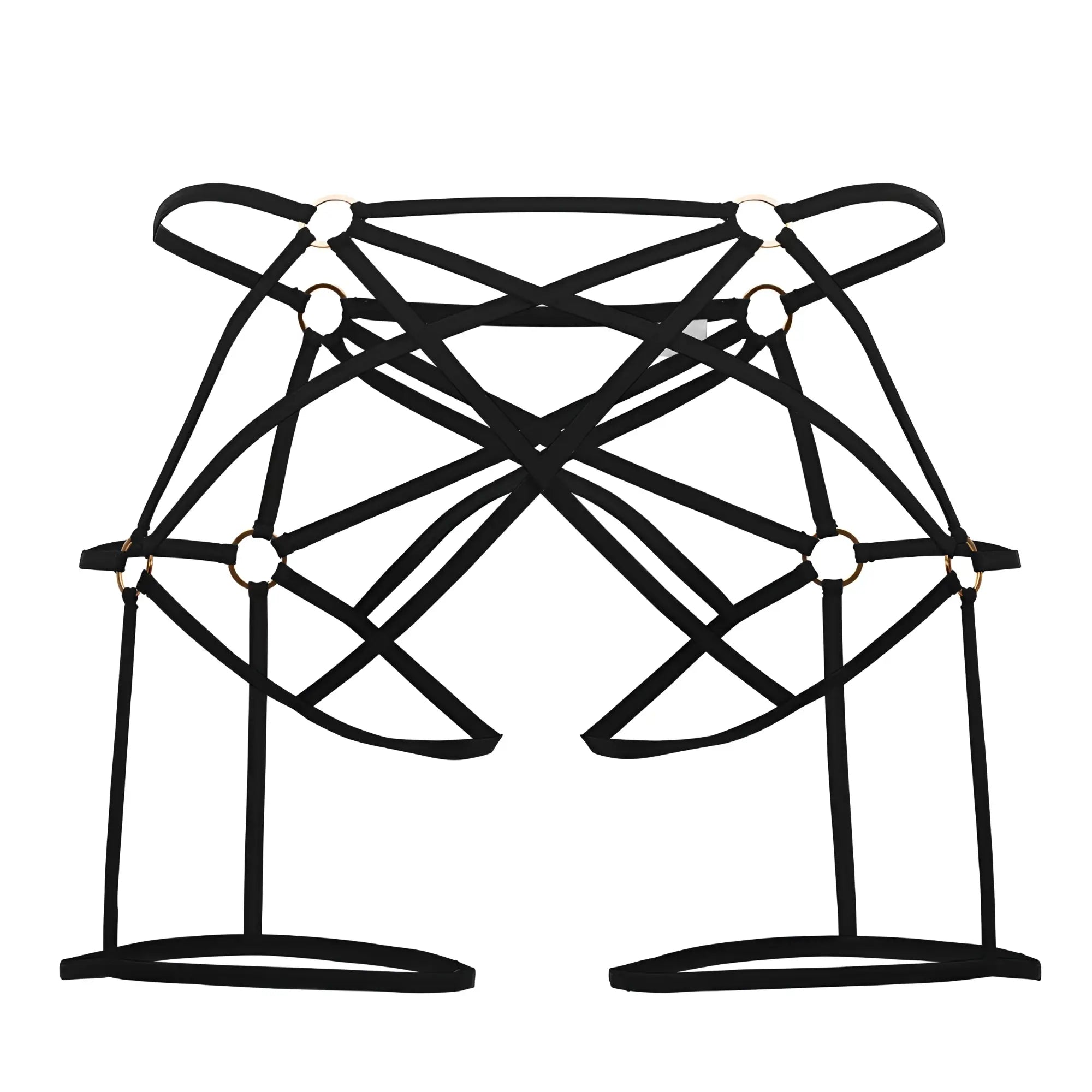 Black candyMan 99646 cage jockstrap with strappy harness and gold toned metal rings in crisscross design