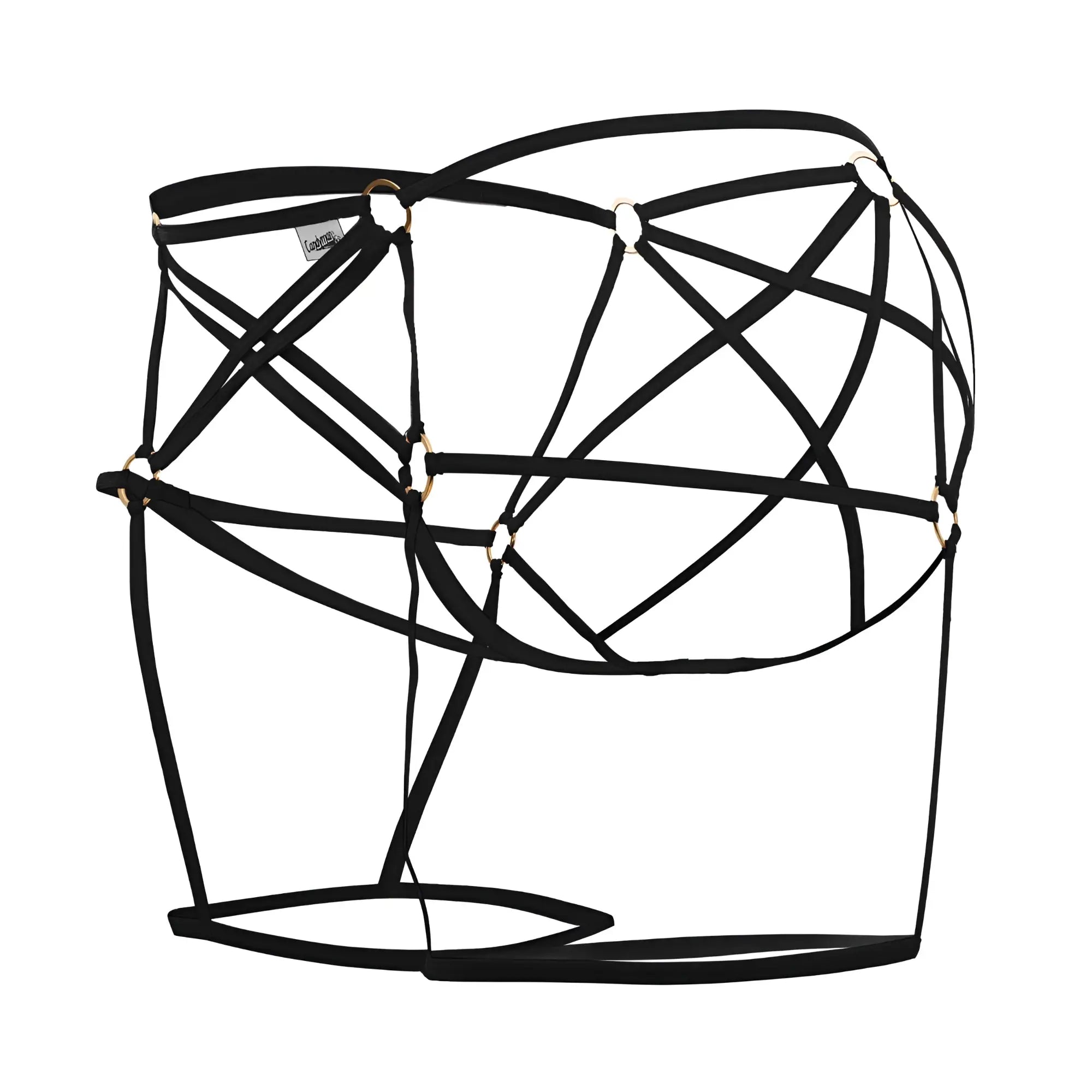 Black strappy candyMan 99646 cage jockstrap with gold-toned metal rings for bold and secure support