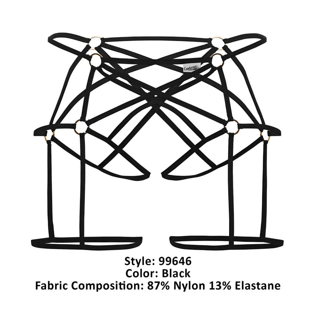 Black candyMan 99646 cage jockstrap with strappy harness design and metallic grommets made of nylon and elastane