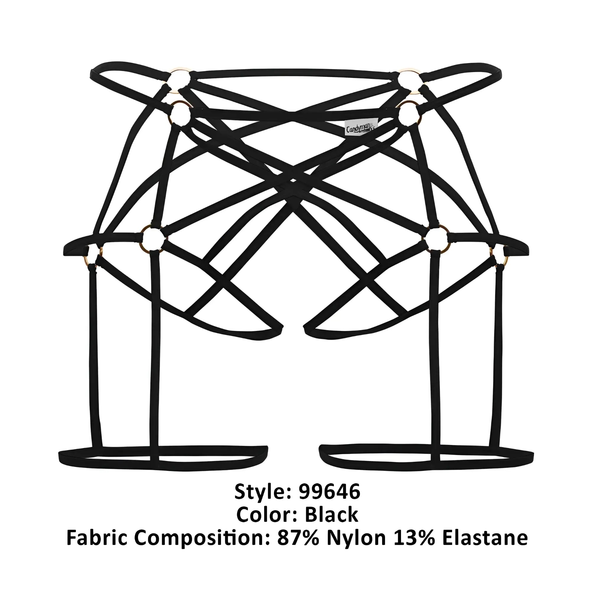Black candyMan 99646 cage jockstrap with strappy harness design and metallic grommets made of nylon and elastane