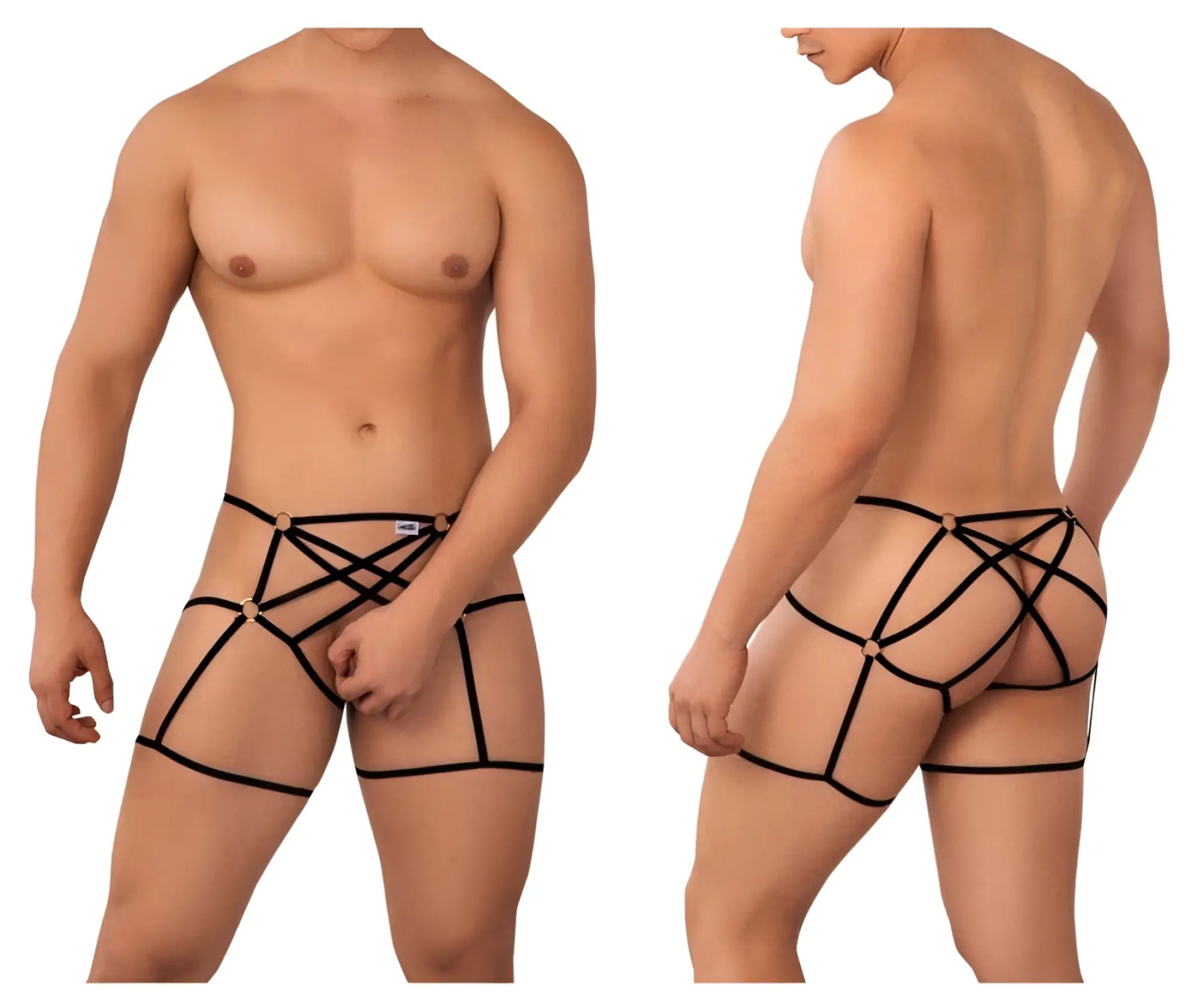 Black candyman 99646 cage jockstrap with strappy harness design and gold-toned metal clasps front view