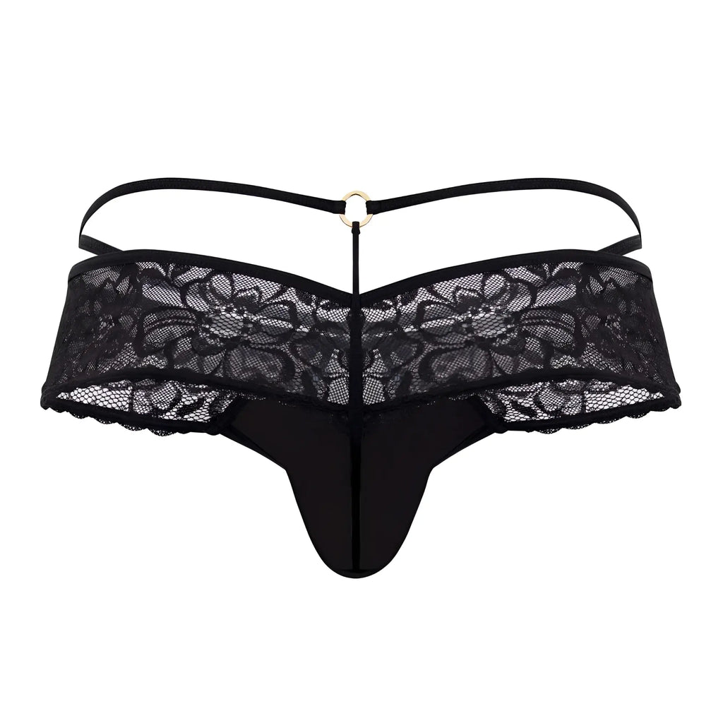 Black lace thong back side with gold-toned ring at center of backband candyMan 99647 lace thong color black