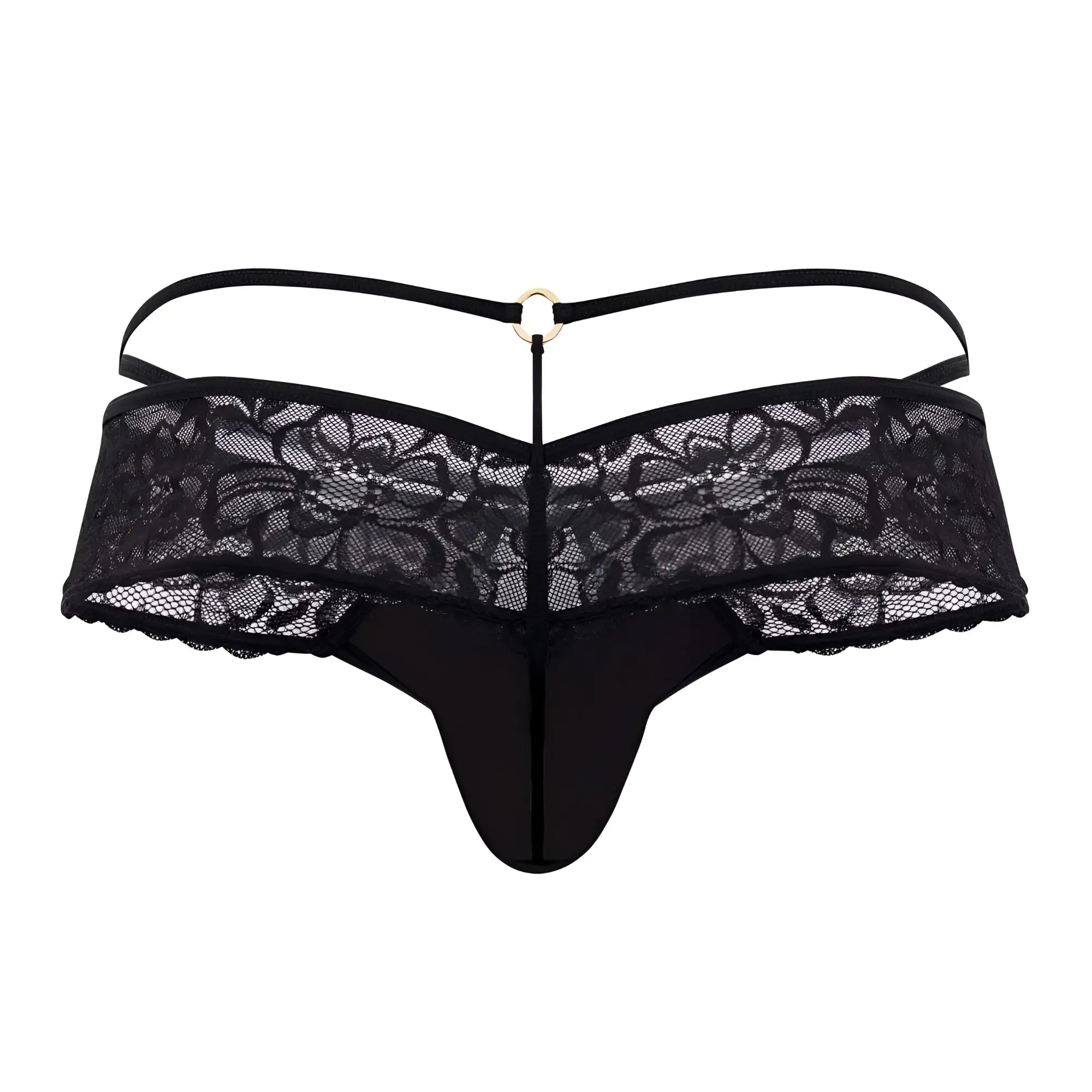 Black lace thong back side with gold-toned ring at center of backband candyMan 99647 lace thong color black