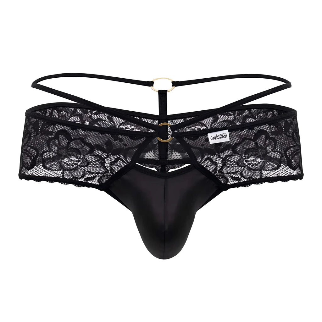 Black lace thong candyMan 99647 with satin front panel and gold-toned metal rings in black