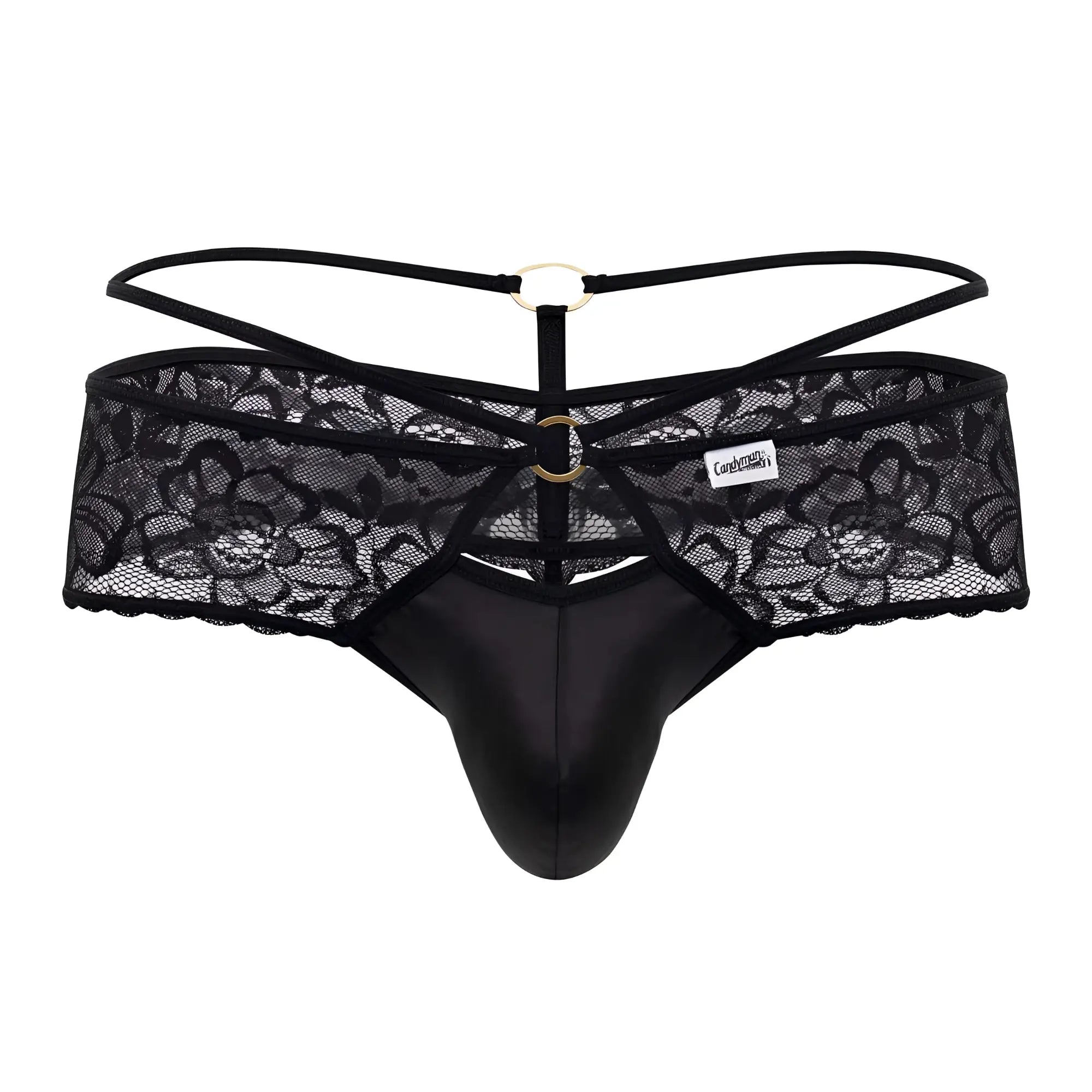 Black lace thong candyMan 99647 with satin front panel and gold-toned metal rings in black