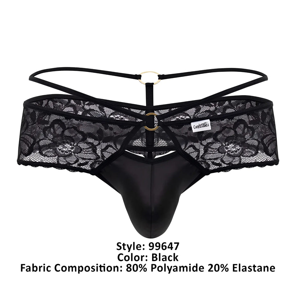 Black lace thong candyman 99647 with smooth glossy front panel and adjustable straps with gold-toned metal rings