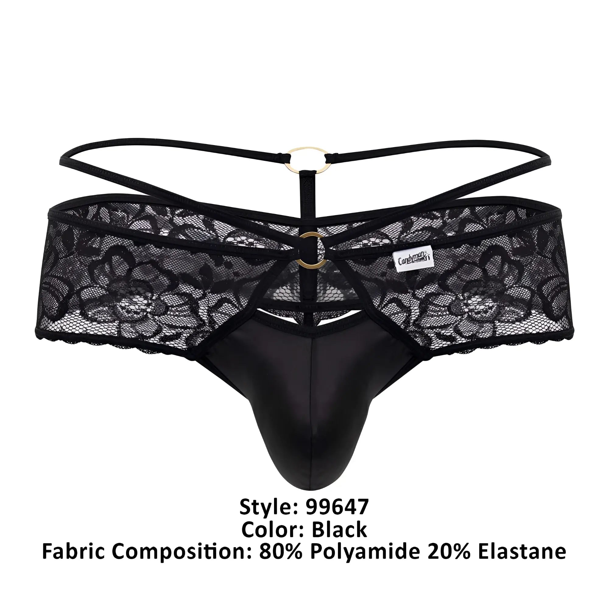 Black lace thong candyman 99647 with smooth glossy front panel and adjustable straps with gold-toned metal rings