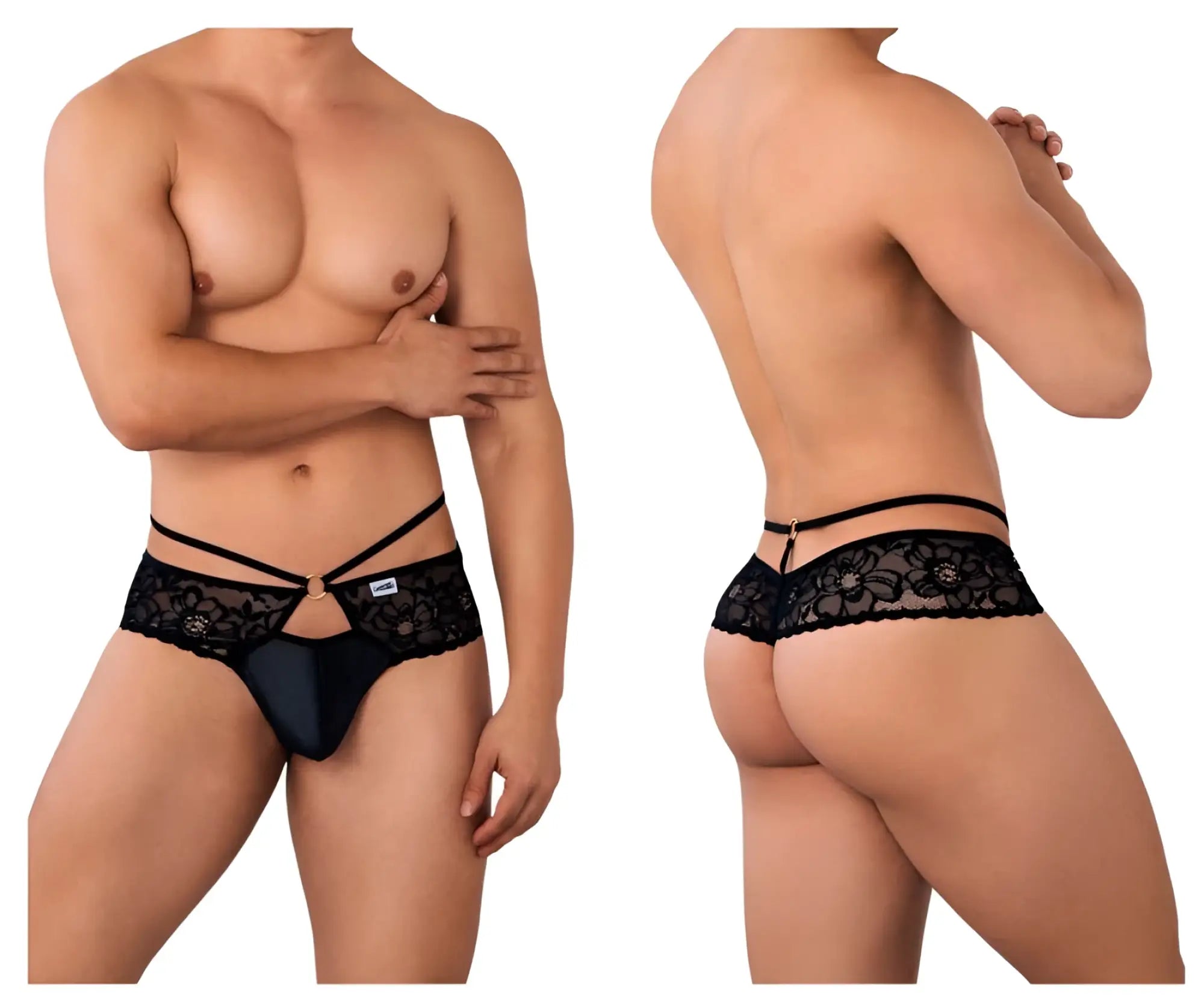 Black lace-trimmed thong candyMan 99647 with gold-tone clasp and crisscross straps in black