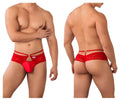 Red lace thong by candyman featuring a central gold tone clasp and decorative floral pattern in red lace