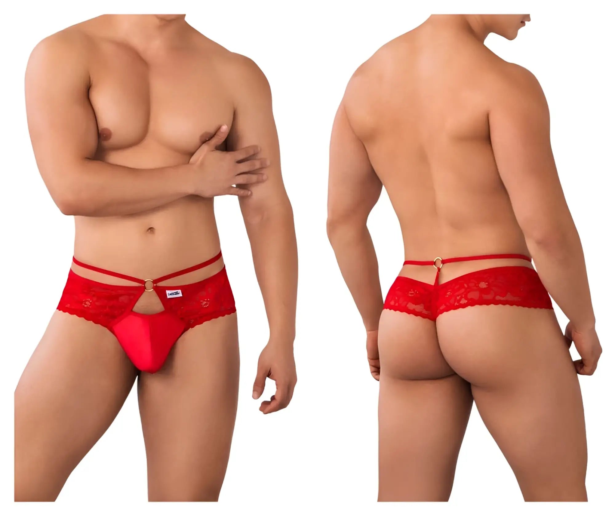 Red lace thong by candyman featuring a central gold tone clasp and decorative floral pattern in red lace