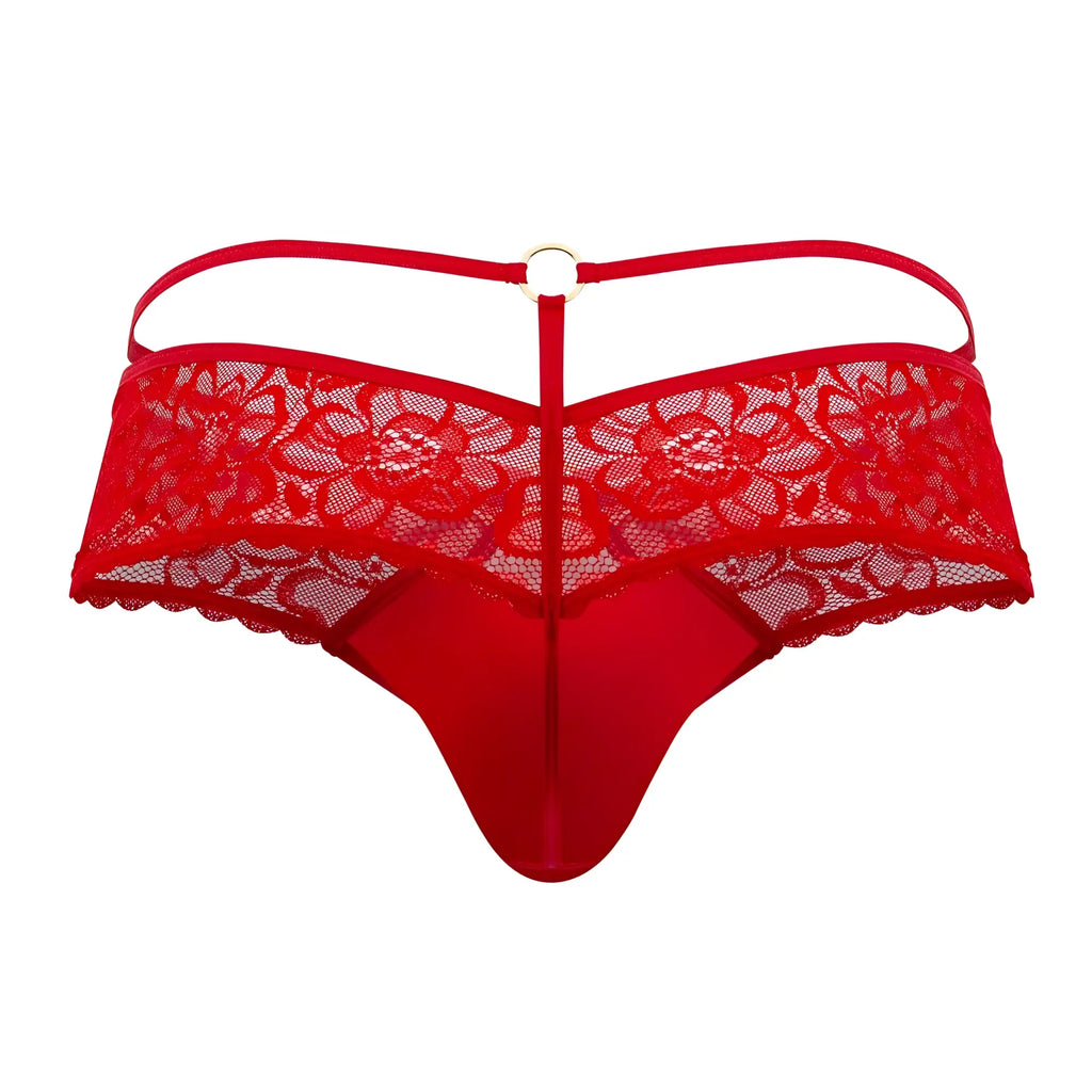 Red lace thong candyMan 99647 with floral pattern and central metal ring at the back view