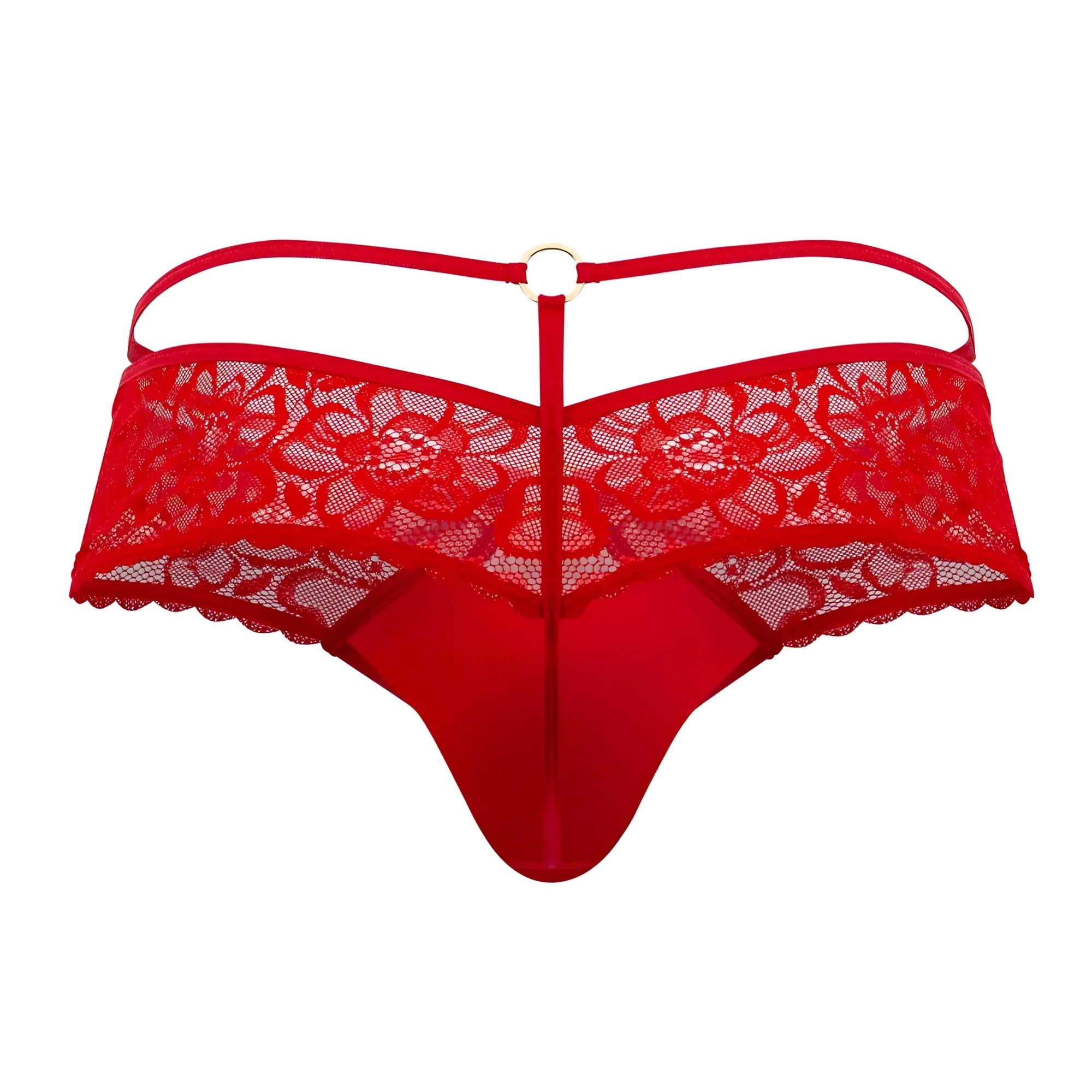 Red lace thong candyMan 99647 with floral pattern and central metal ring at the back view