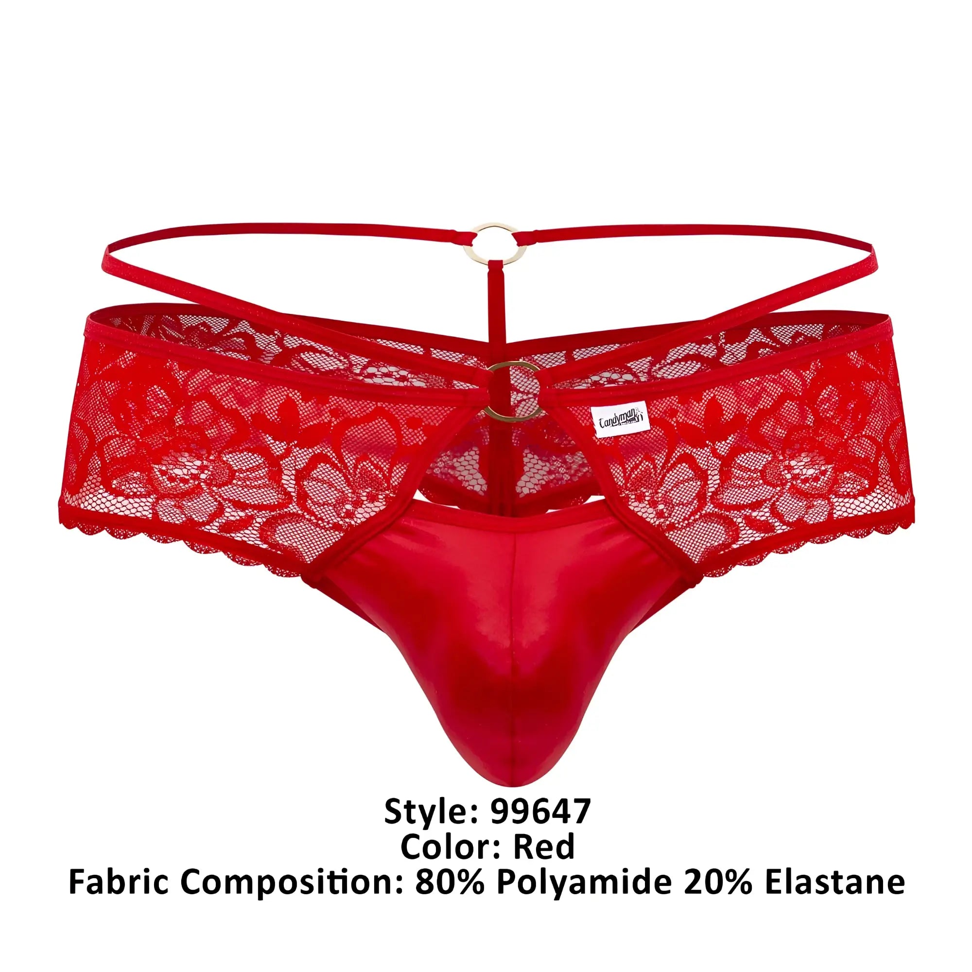 Red lace thong candyMan 99647 with satin front and adjustable straps in vibrant red for comfortable wear