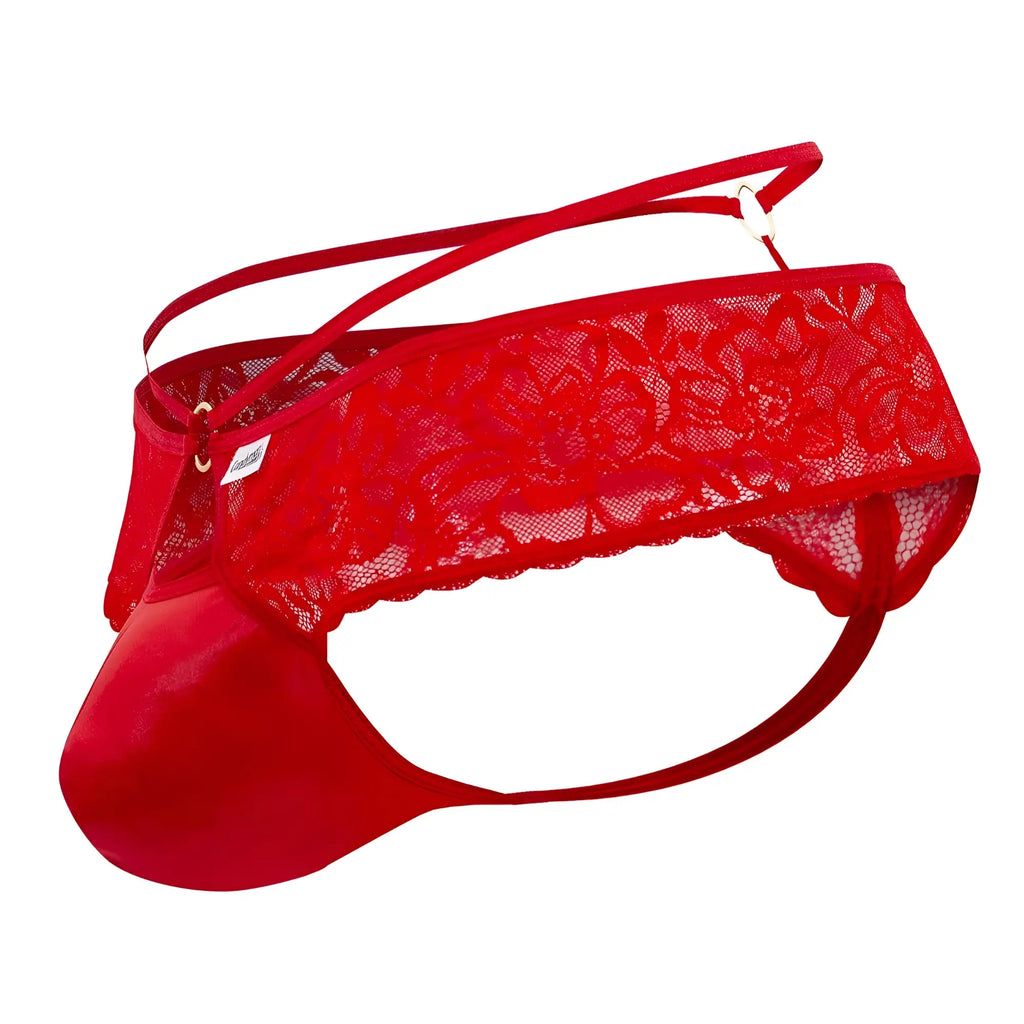CandyMan 99647 red lace thong with satin front panel and adjustable straps for comfortable fit