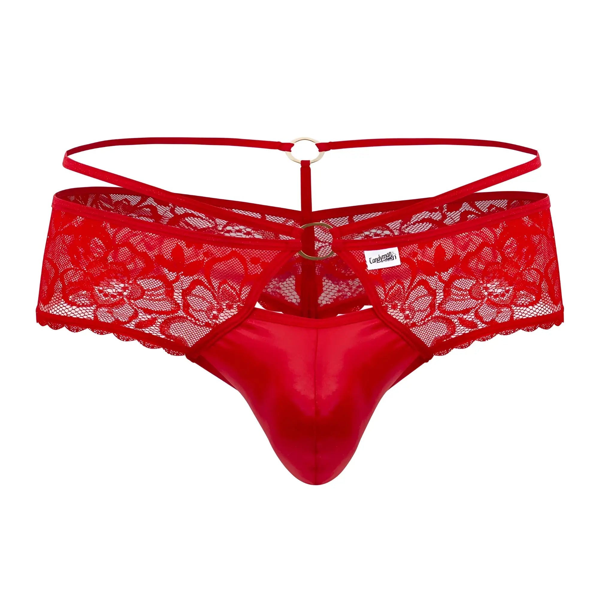 Red lace thong candyman 99647 with shiny satin front and adjustable straps in red for intimate wear