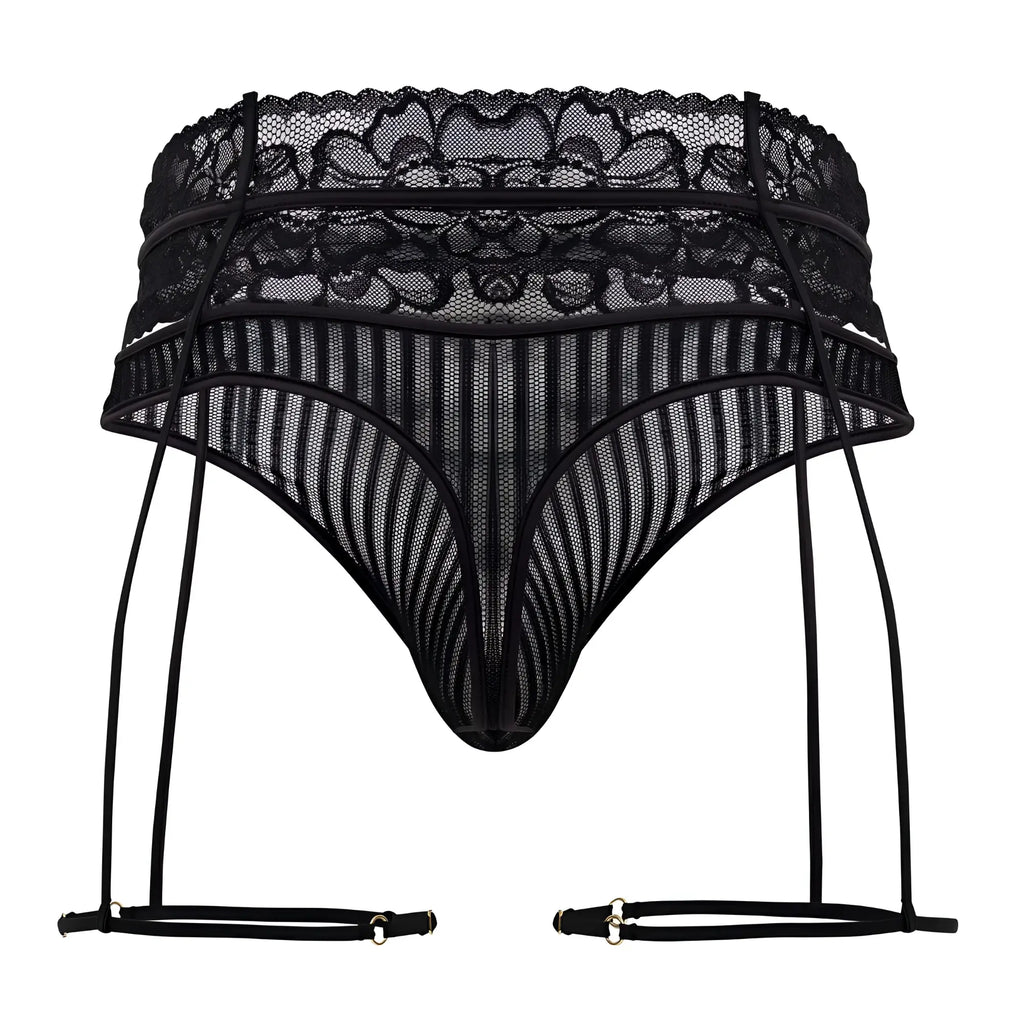 CandyMan 99648 black lace garter thongs with sheer mesh front and decorative floral patterns