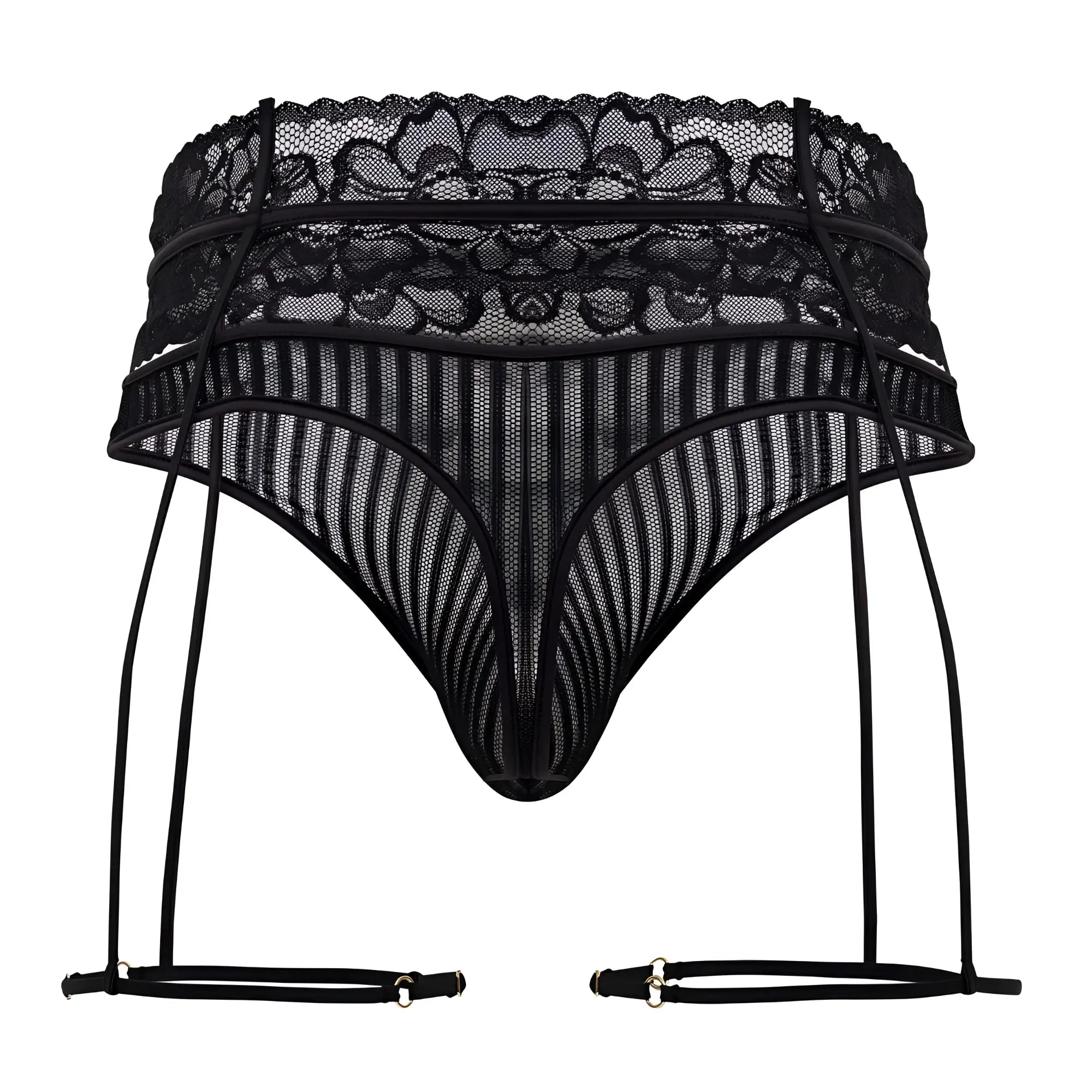 CandyMan 99648 black lace garter thongs with sheer mesh front and decorative floral patterns