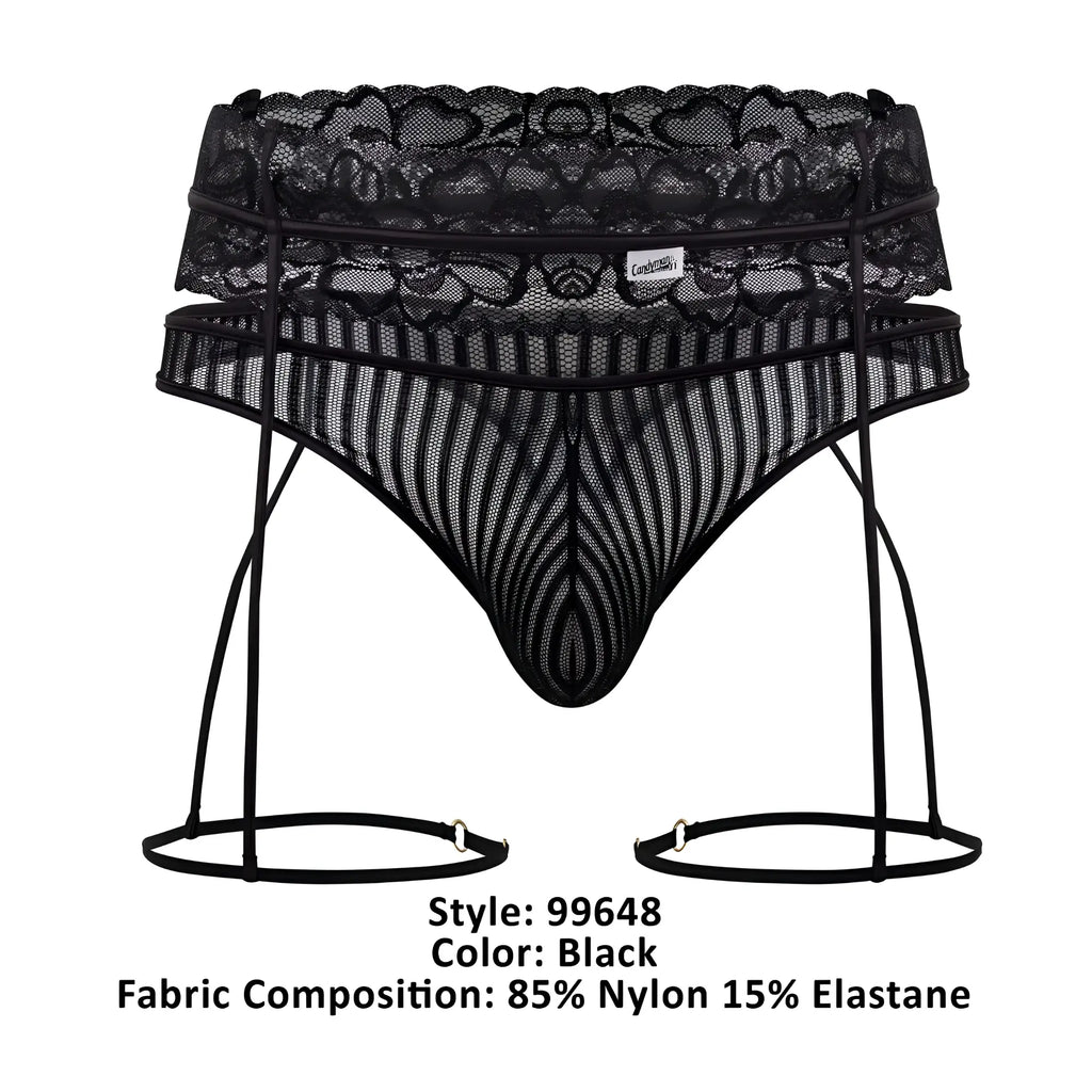 Black lace and mesh candyMan 99648 garter thong set with striped pattern in black shown from the back side