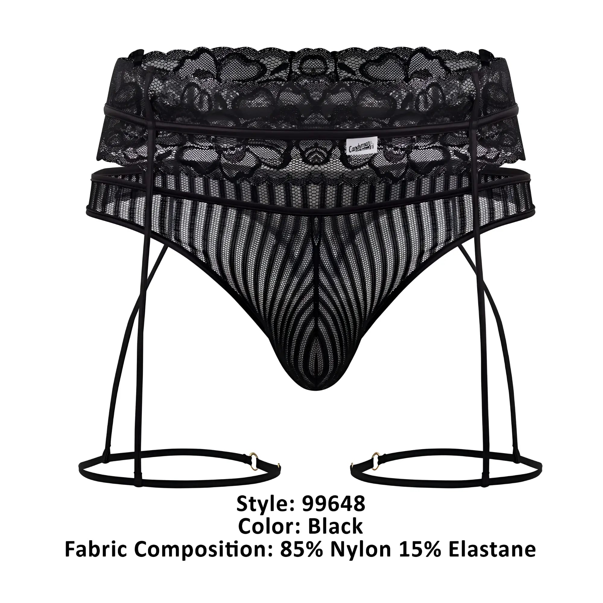 Black lace and mesh candyMan 99648 garter thong set with striped pattern in black shown from the back side