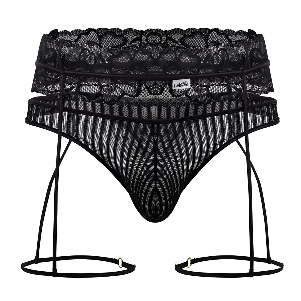 Black lace and mesh men’s lingerie garter thongs with suspenders candy man 99648 in black shown from the back