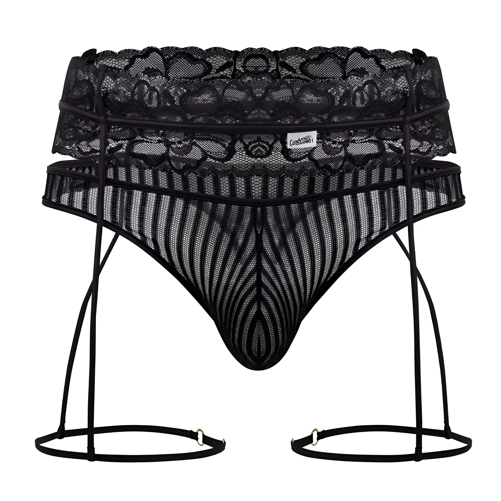 Black lace and mesh men’s lingerie garter thongs with suspenders candy man 99648 in black shown from the back