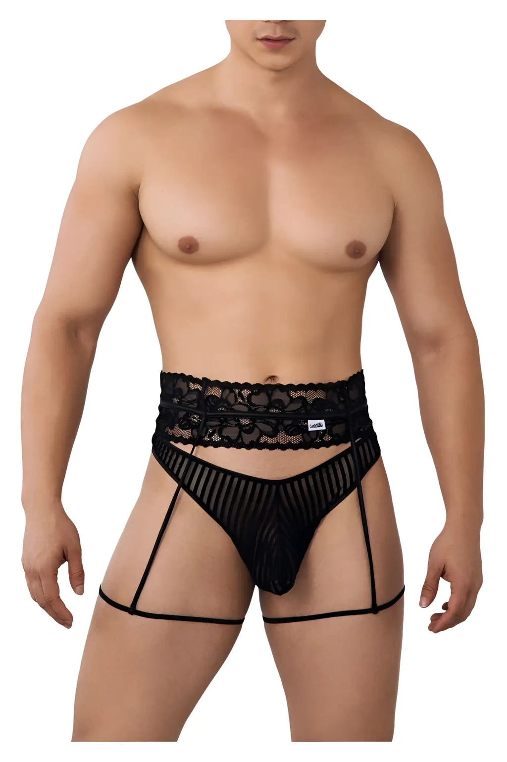 Black lace-trimmed CandyMan 99648 garter thongs in black with sheer mesh and supportive straps for men