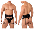 Black sheer mesh briefs with black lace trim, side straps, and back ties shown from the back by candyman 99648 garter thongs