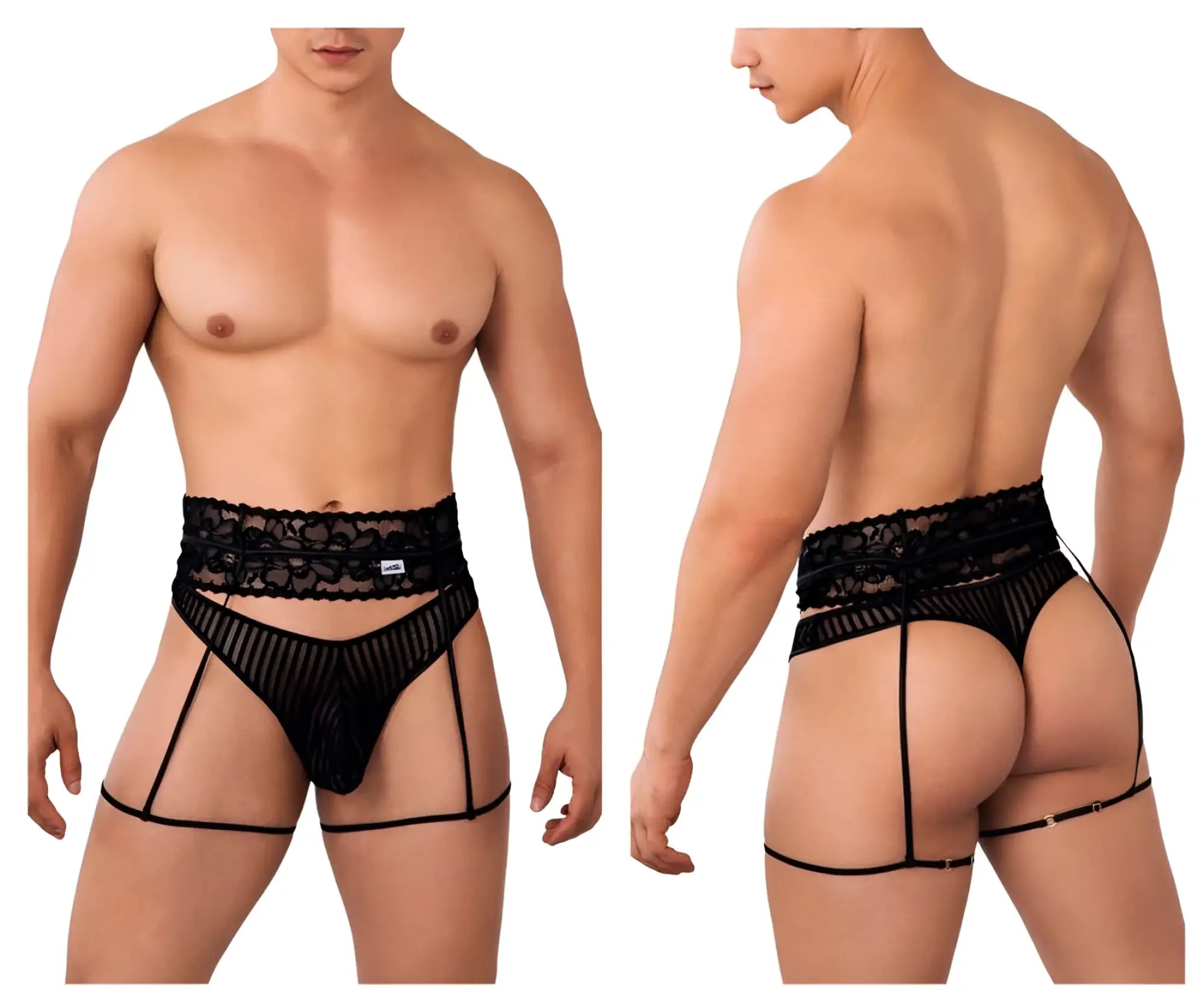 Black sheer mesh briefs with black lace trim, side straps, and back ties shown from the back by candyman 99648 garter thongs
