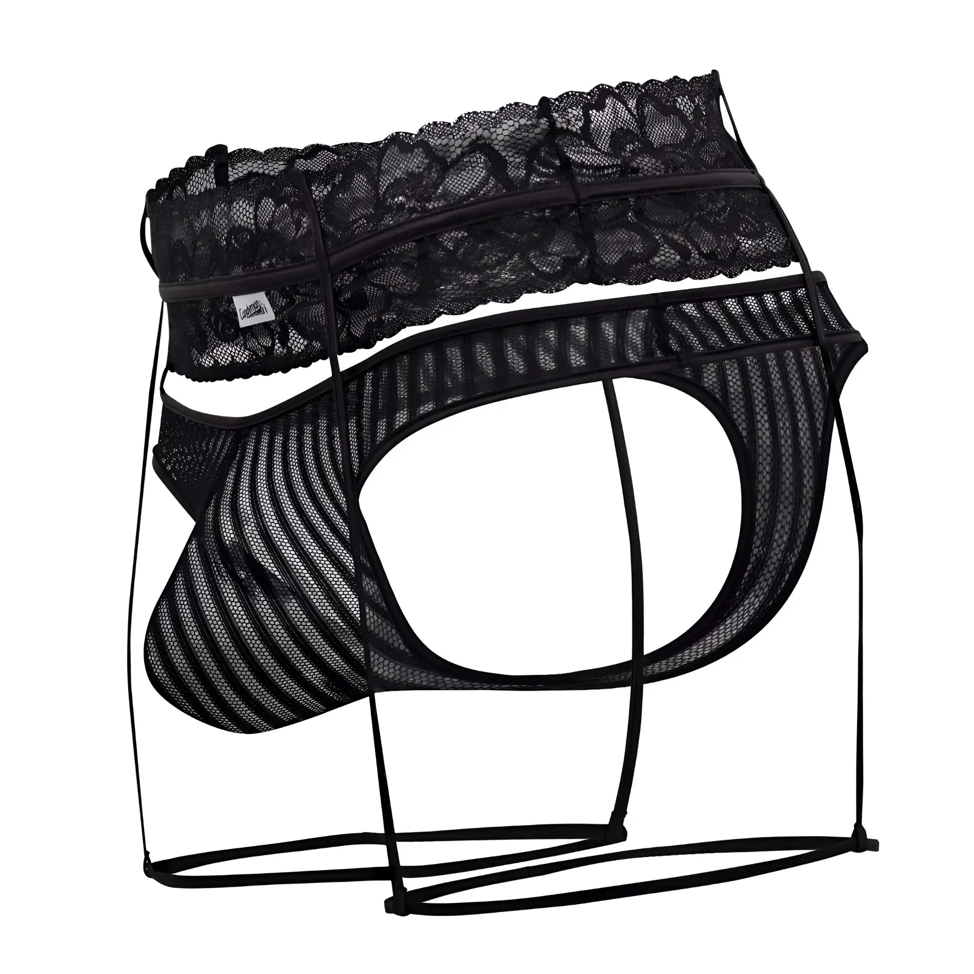 CandyMan 99648 garter thongs in black feature black lace-trimmed mesh briefs with a supportive strappy design
