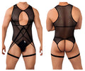 Black mesh bodysuit by candyman 99650 featuring crisscross straps and leg ties in a sheer mesh material