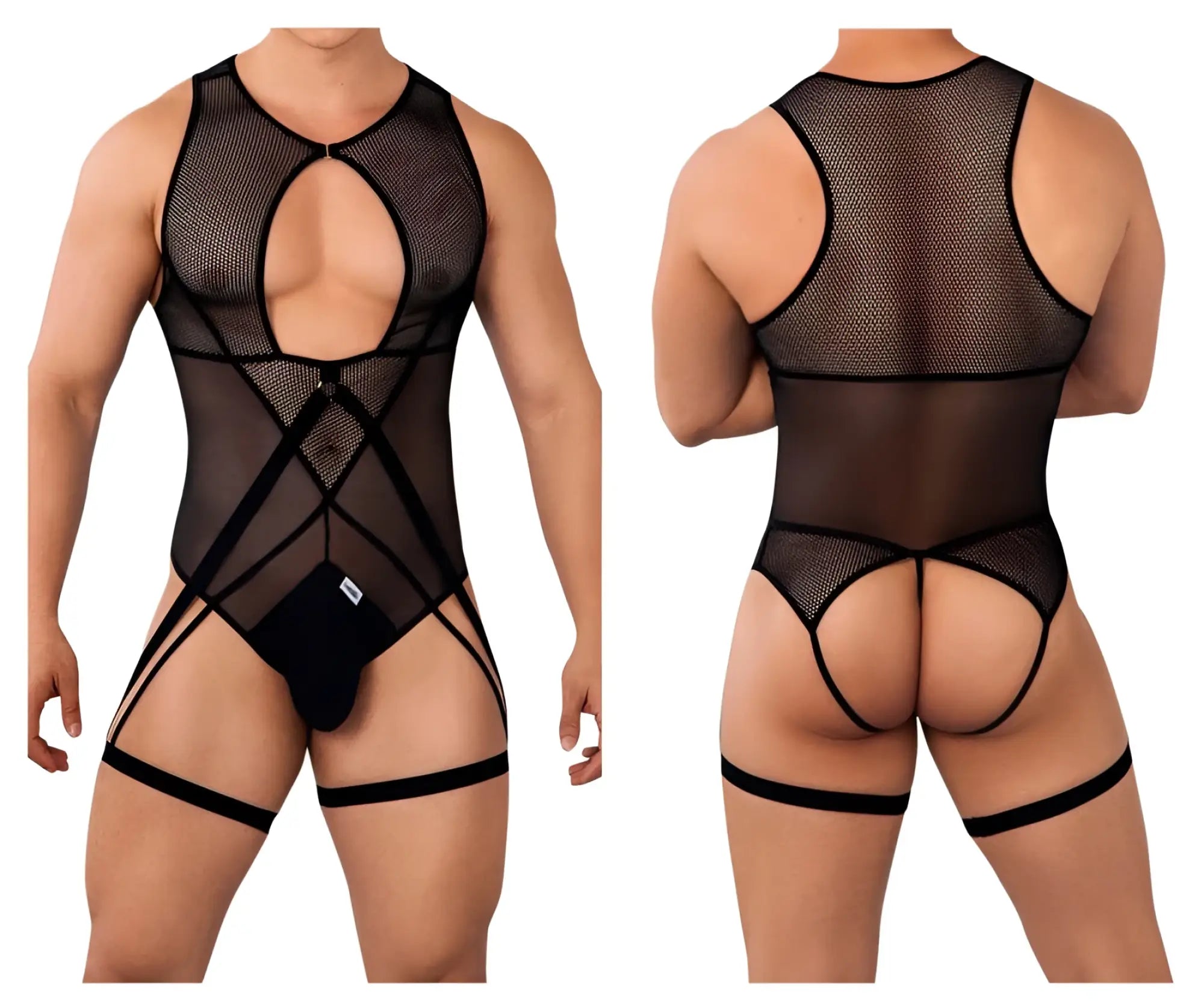Black mesh bodysuit by candyman 99650 featuring crisscross straps and leg ties in a sheer mesh material