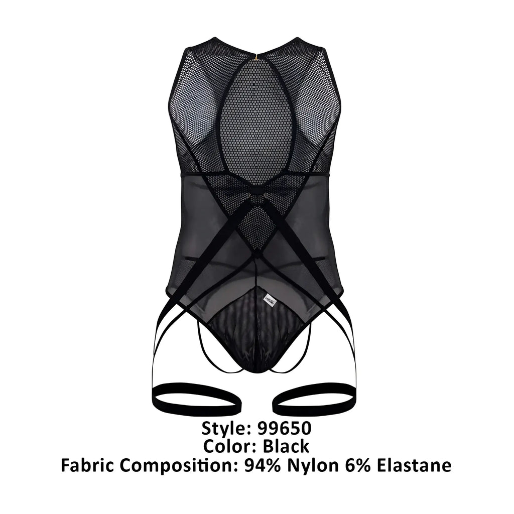 Black CandyMan 99650 mesh bodysuit with crisscross elastic straps sheer and form-fitting design
