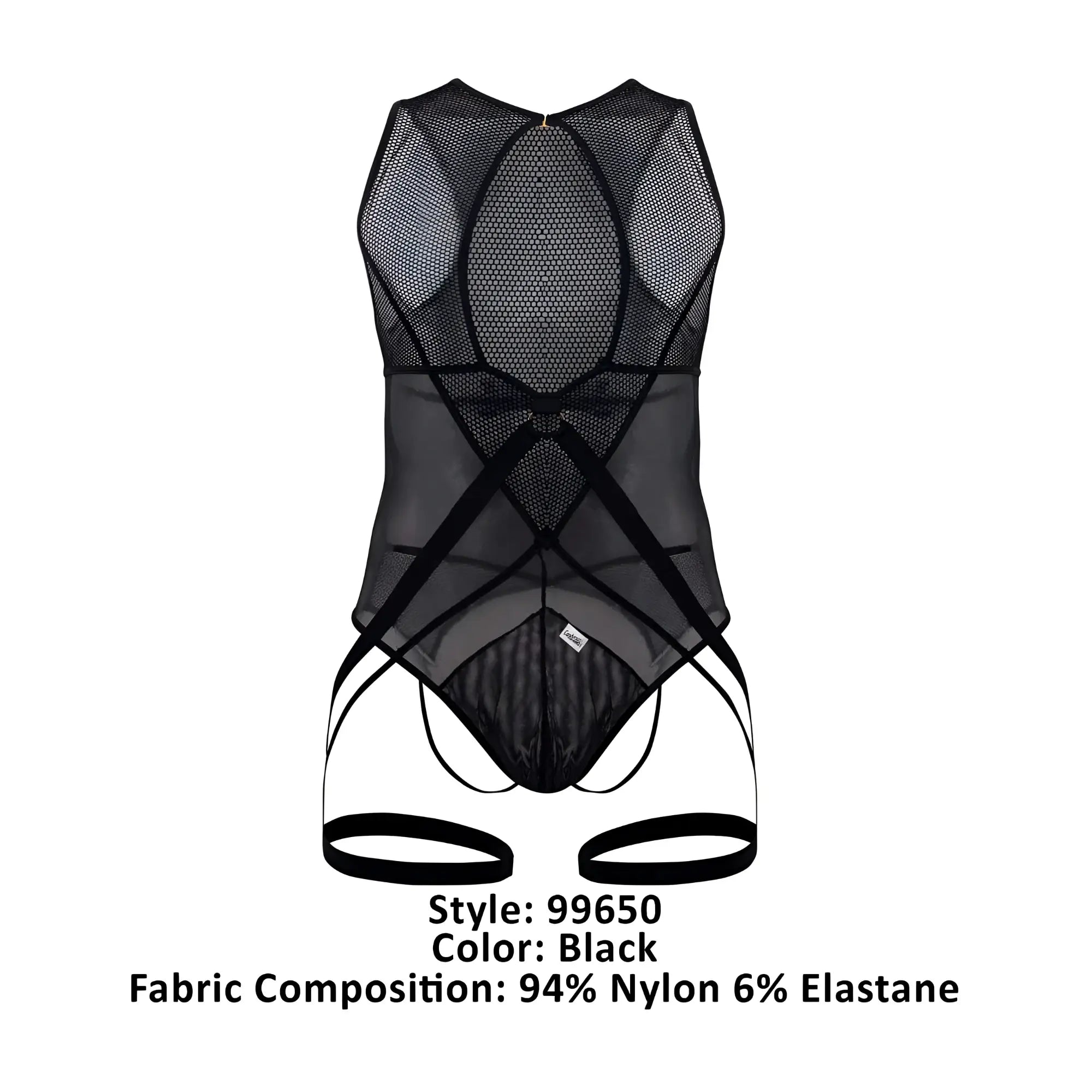 Black CandyMan 99650 mesh bodysuit with crisscross elastic straps sheer and form-fitting design