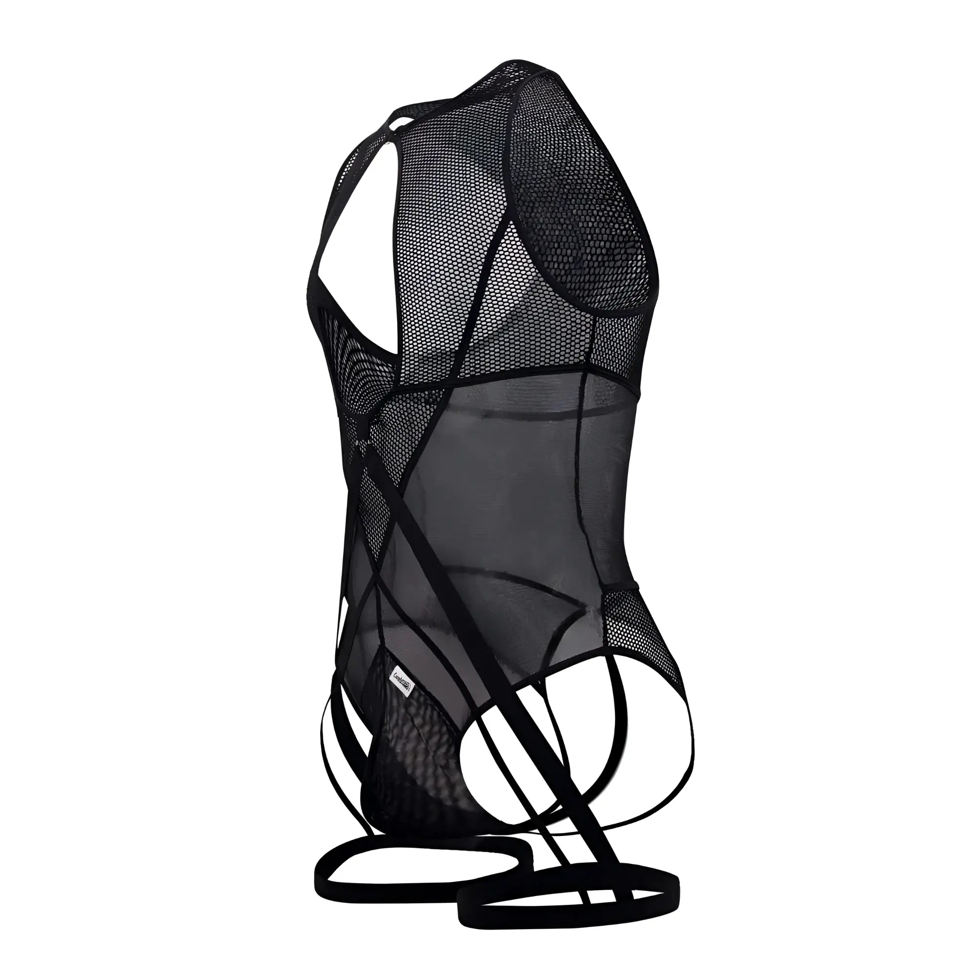 Black mesh bodysuit candy man 99650 with intricate cut out design and adjustable straps in black color