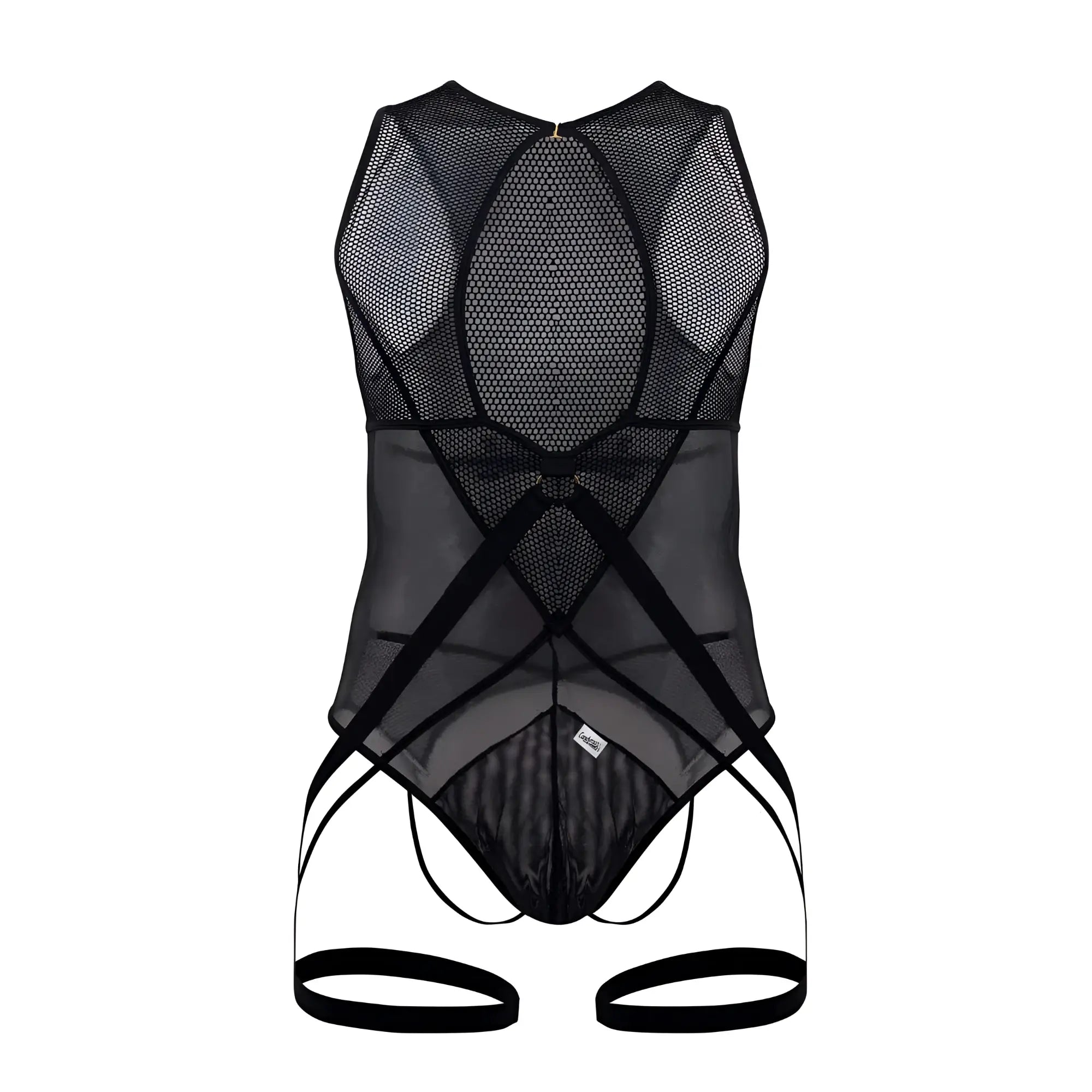 Black mesh bodysuit by candyman with sheer backless design and adjustable straps shown from the back side