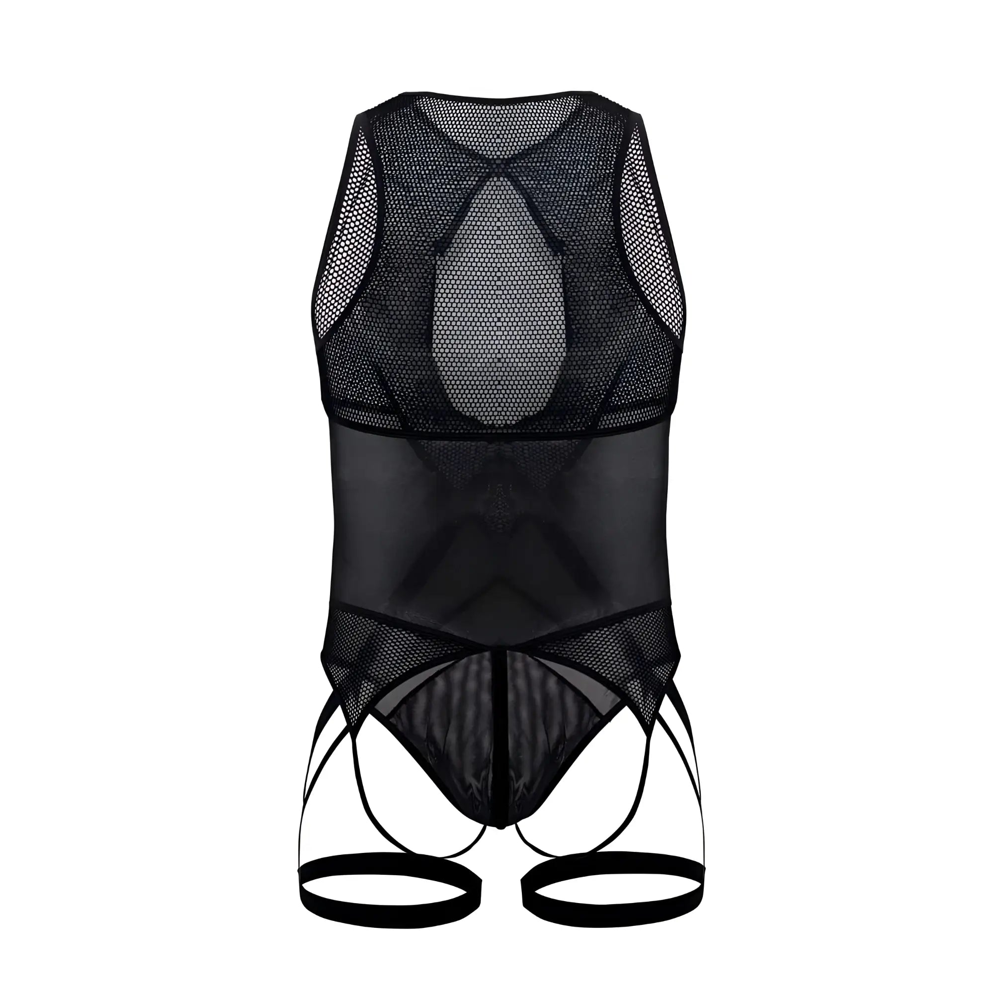 CandyMan 99650 black mesh bodysuit with sheer, form-fitting design and adjustable straps