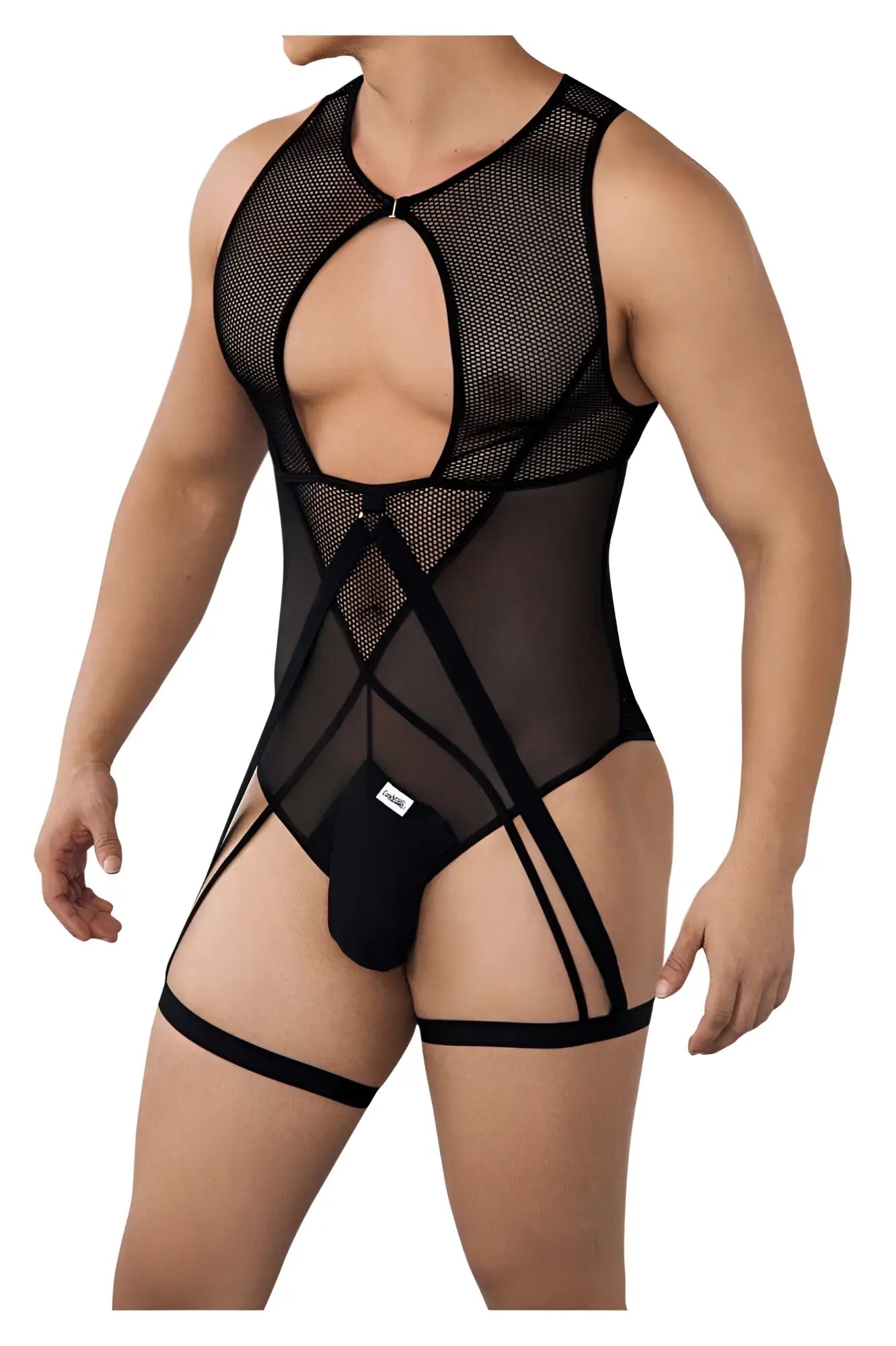 Black candyMan 99650 mesh bodysuit with sheer panels and strappy leg ties in a sexy, breathable design