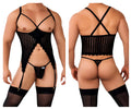 Black sheer mesh bodysuit with lace trim and adjustable straps from candyman 99654 mesh two piece set