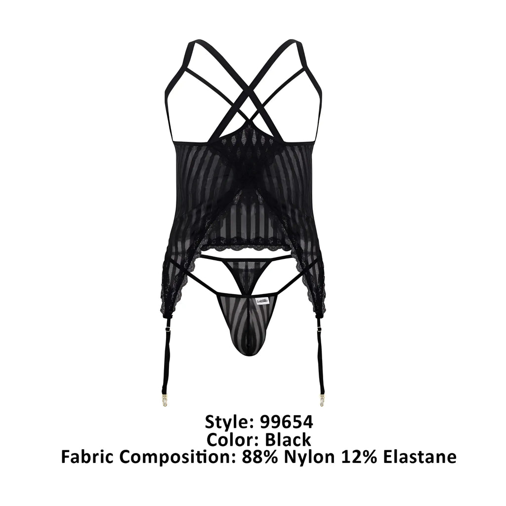 Black sheer lace bodysuit with crisscross straps and garter belt in candyman 99654 mesh two piece set color black