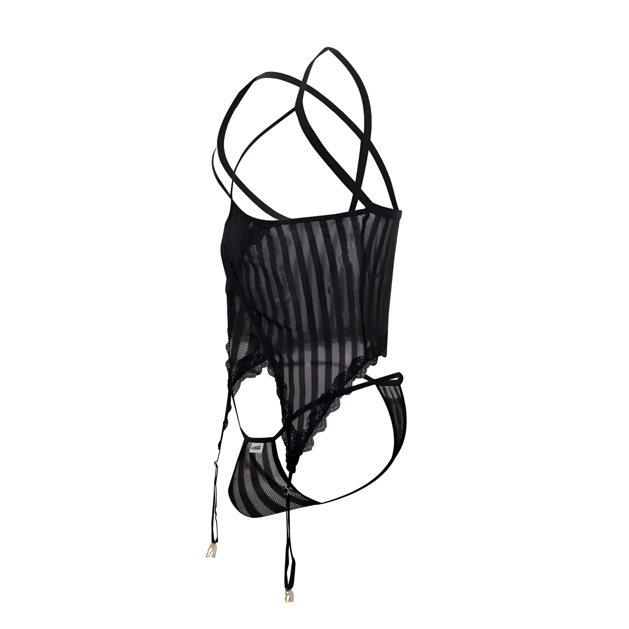 Black sheer striped mesh two piece lingerie set with lace trim and adjustable straps by candyman