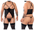 Woman wearing CandyMan 99654X black mesh two piece set with lace bodysuit, crisscross straps, garter belt, and stockings