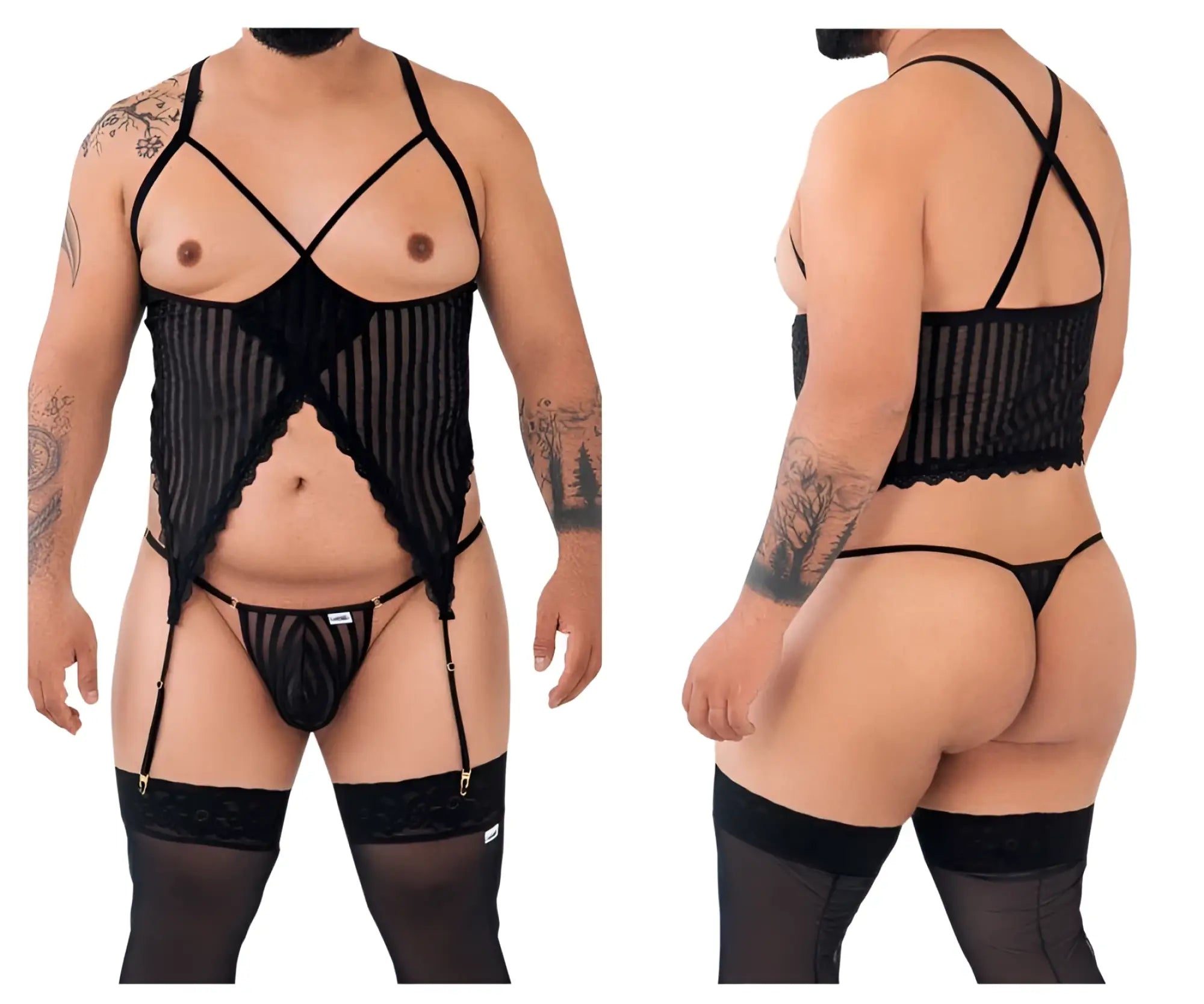 Woman wearing CandyMan 99654X black mesh two piece set with lace bodysuit, crisscross straps, garter belt, and stockings