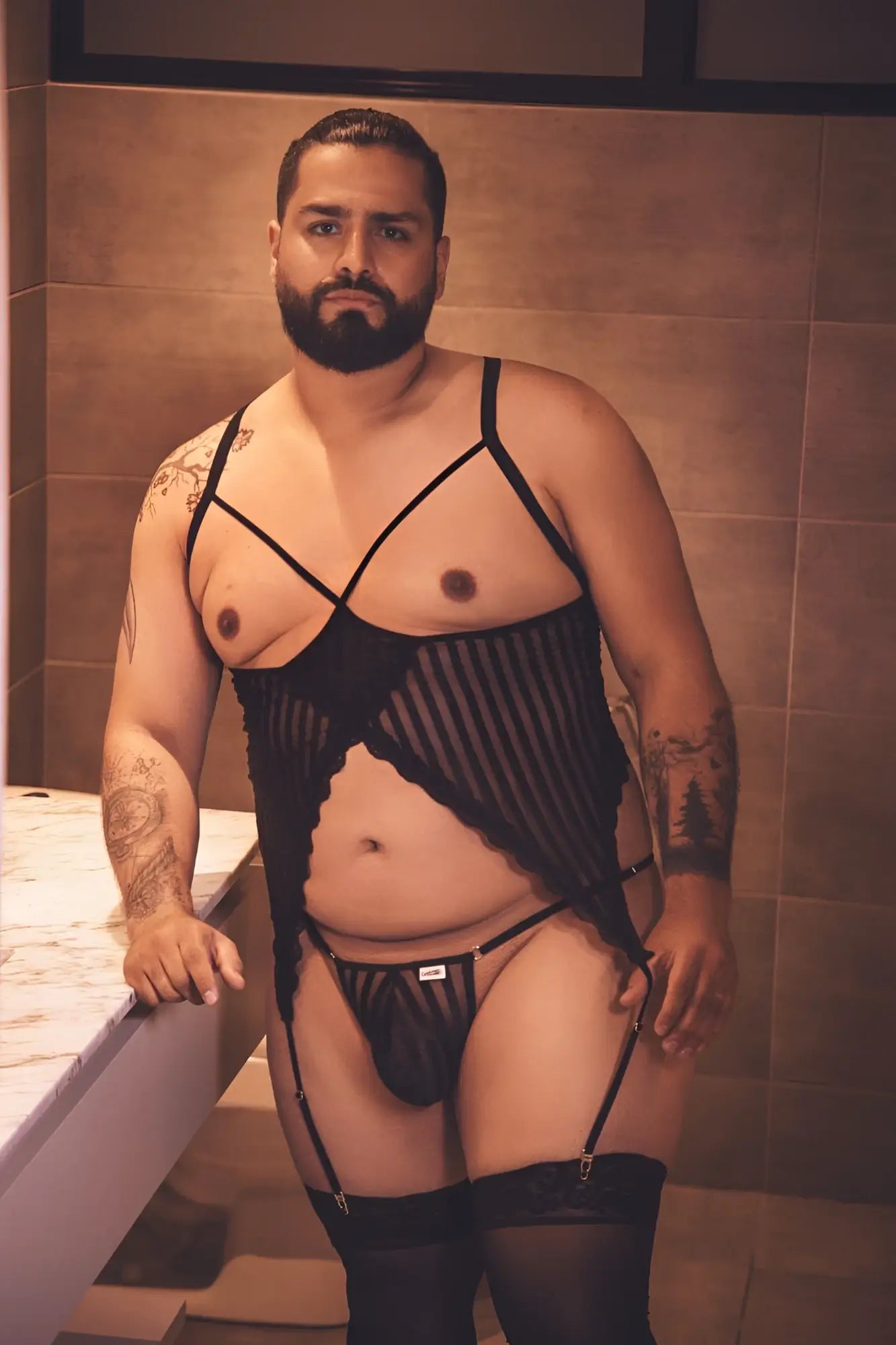 Black lace bodysuit with suspenders and matching thong in mesh fabric from candyman 99654x two piece set in black