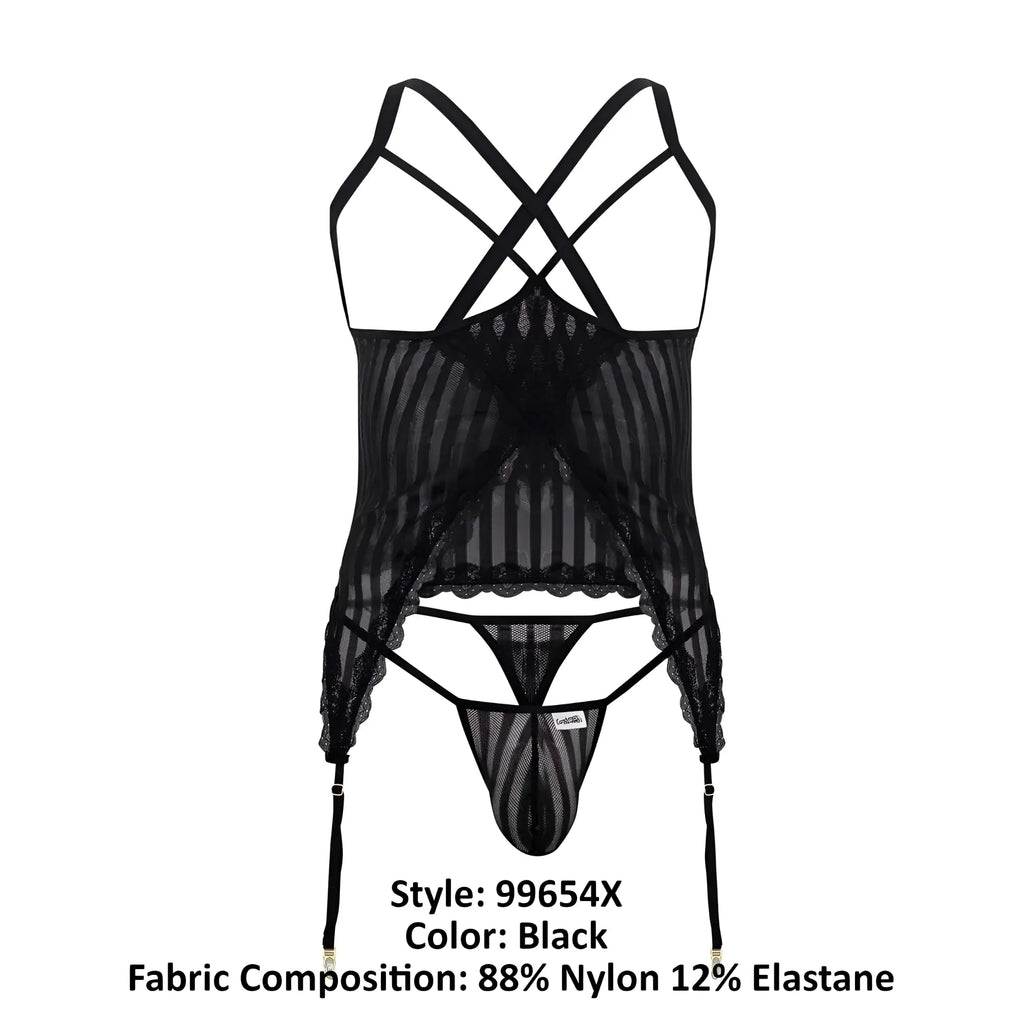 Black candyMan 99654X mesh two piece set with a sheer striped lace bodice and matching thong