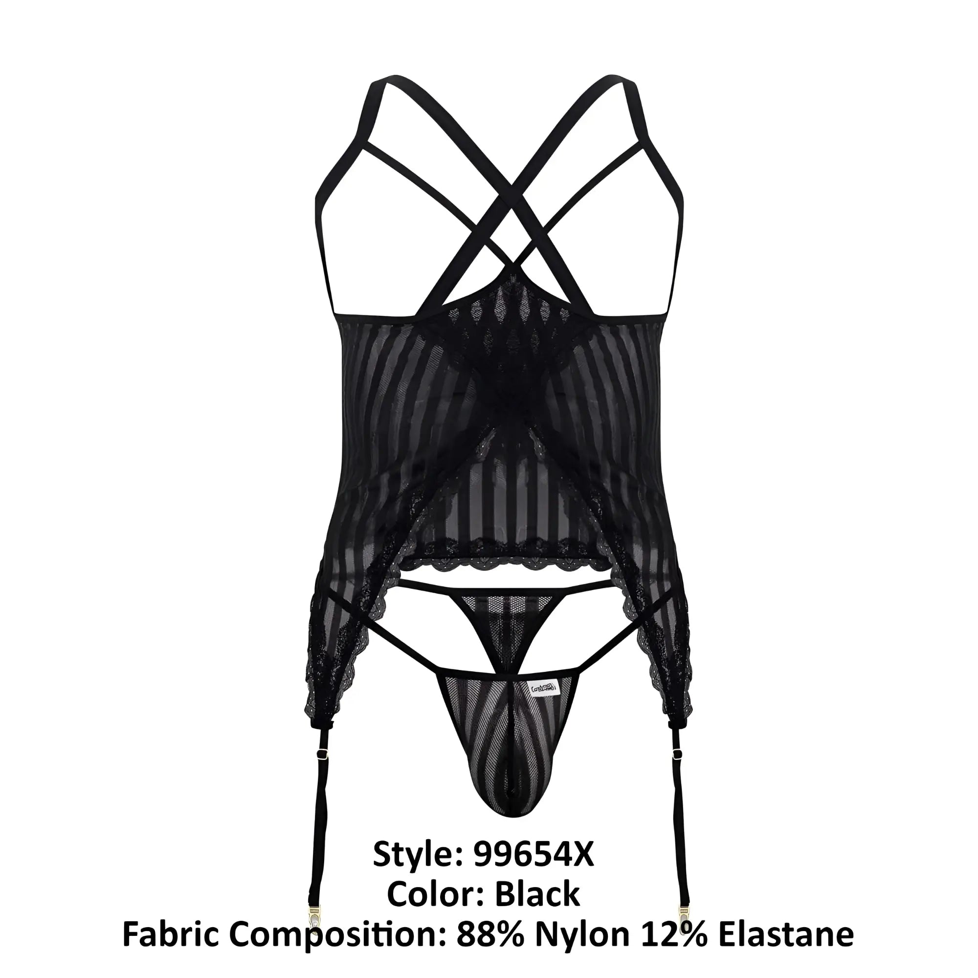 Black candyMan 99654X mesh two piece set with a sheer striped lace bodice and matching thong