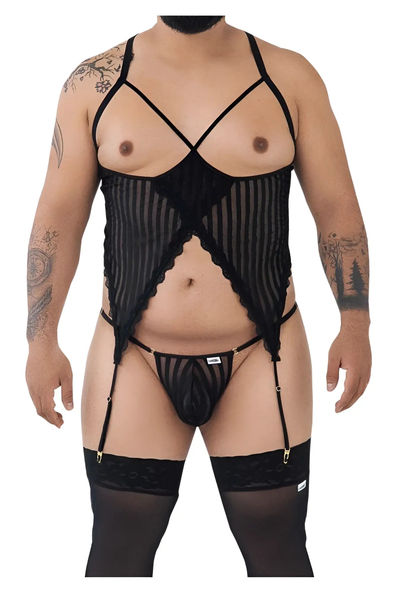 Black lace candyMan 99654X mesh two piece set with sheer mesh and gold-tone hardware in black color