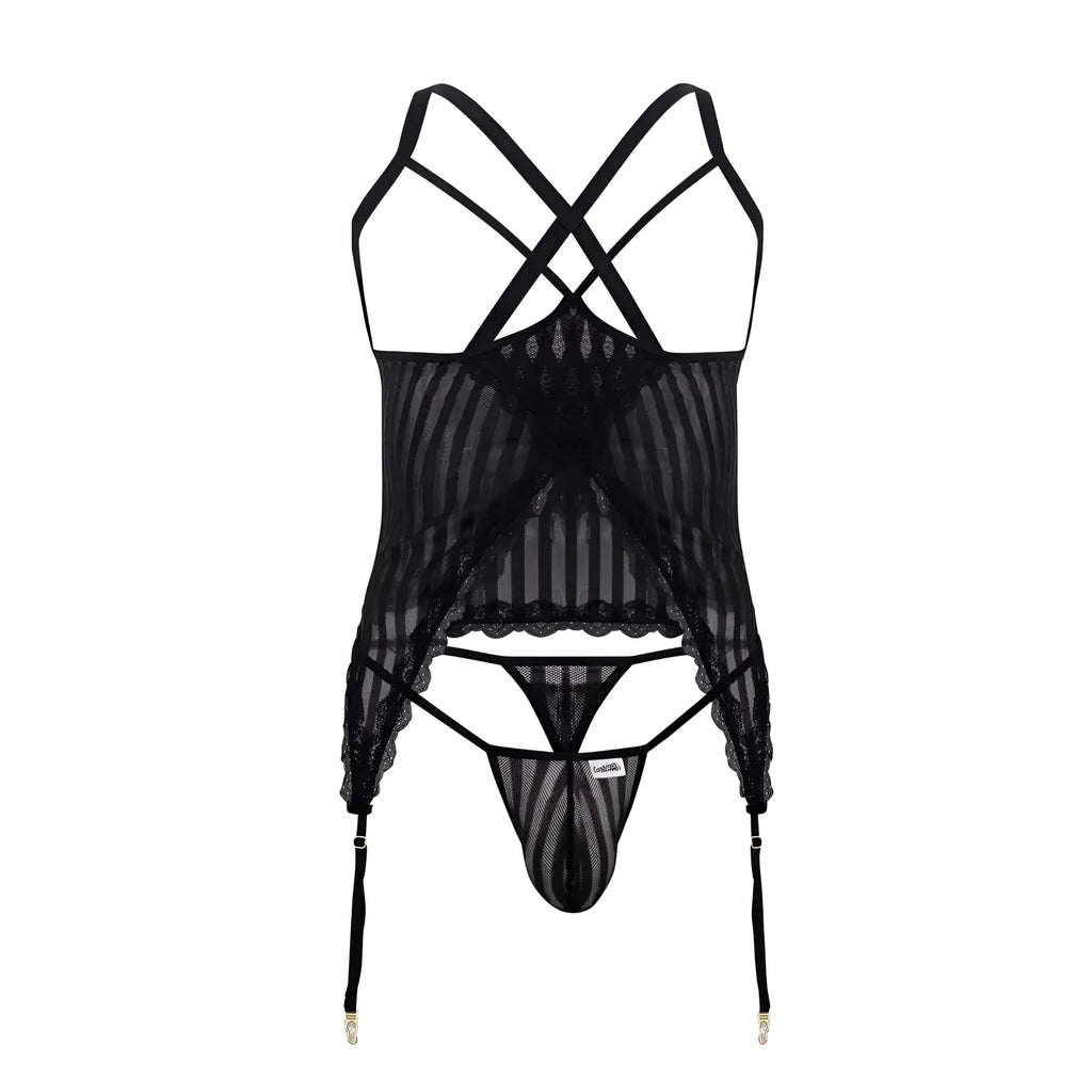 Black sheer lace lingerie set with crisscross straps and garter belts candy man 99654x mesh two piece set