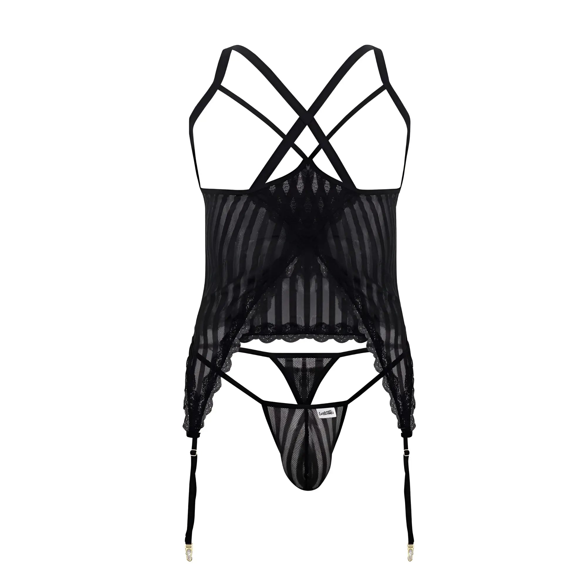 Black sheer lace lingerie set with crisscross straps and garter belts candy man 99654x mesh two piece set